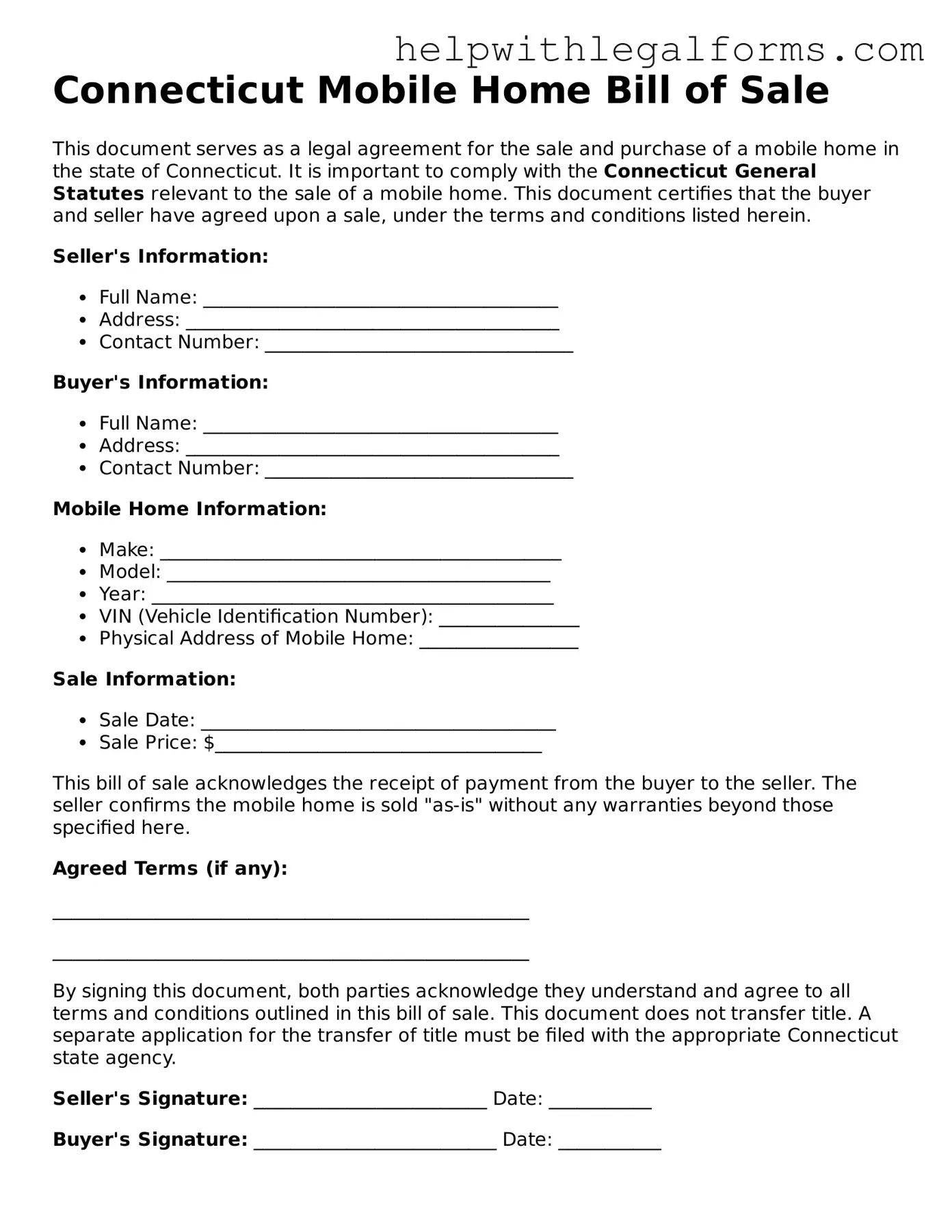 Blank  Mobile Home Bill of Sale Form for Connecticut