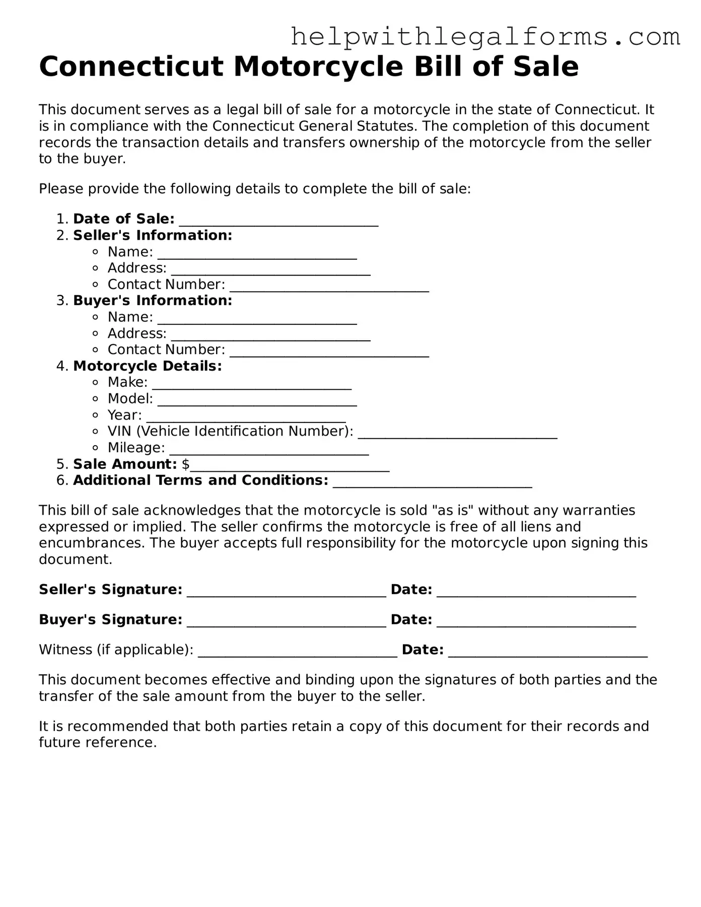 Blank  Motorcycle Bill of Sale Form for Connecticut