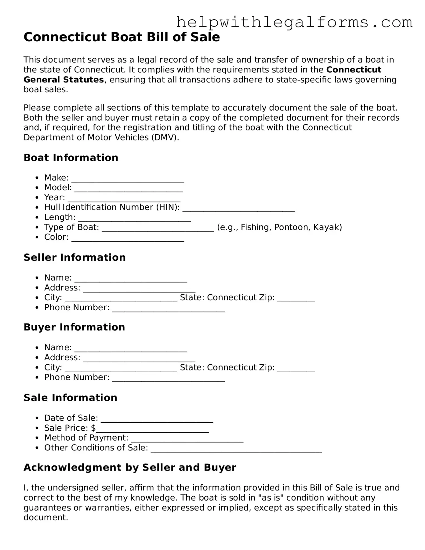 Blank  Boat Bill of Sale Form for Connecticut
