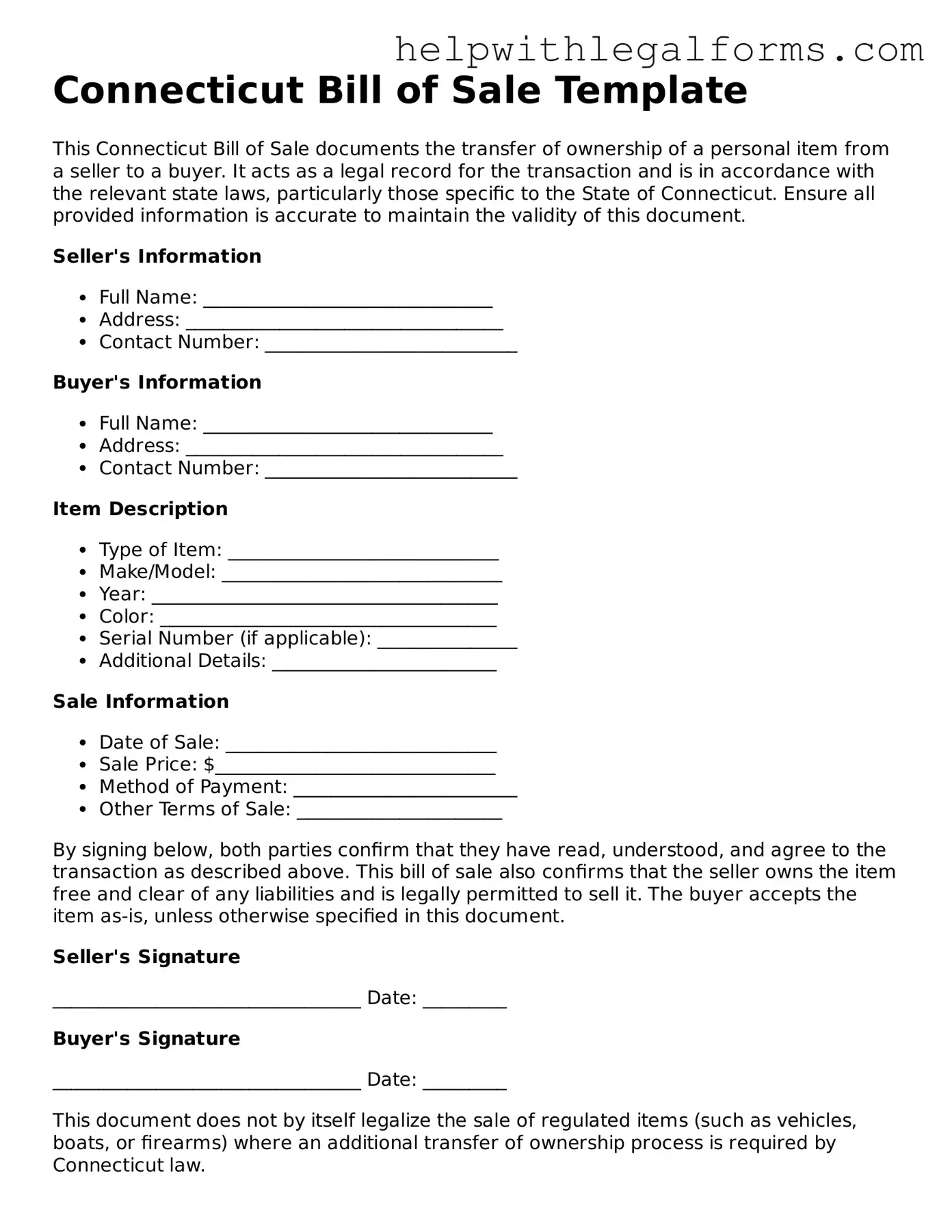 Blank  Bill of Sale Form for Connecticut