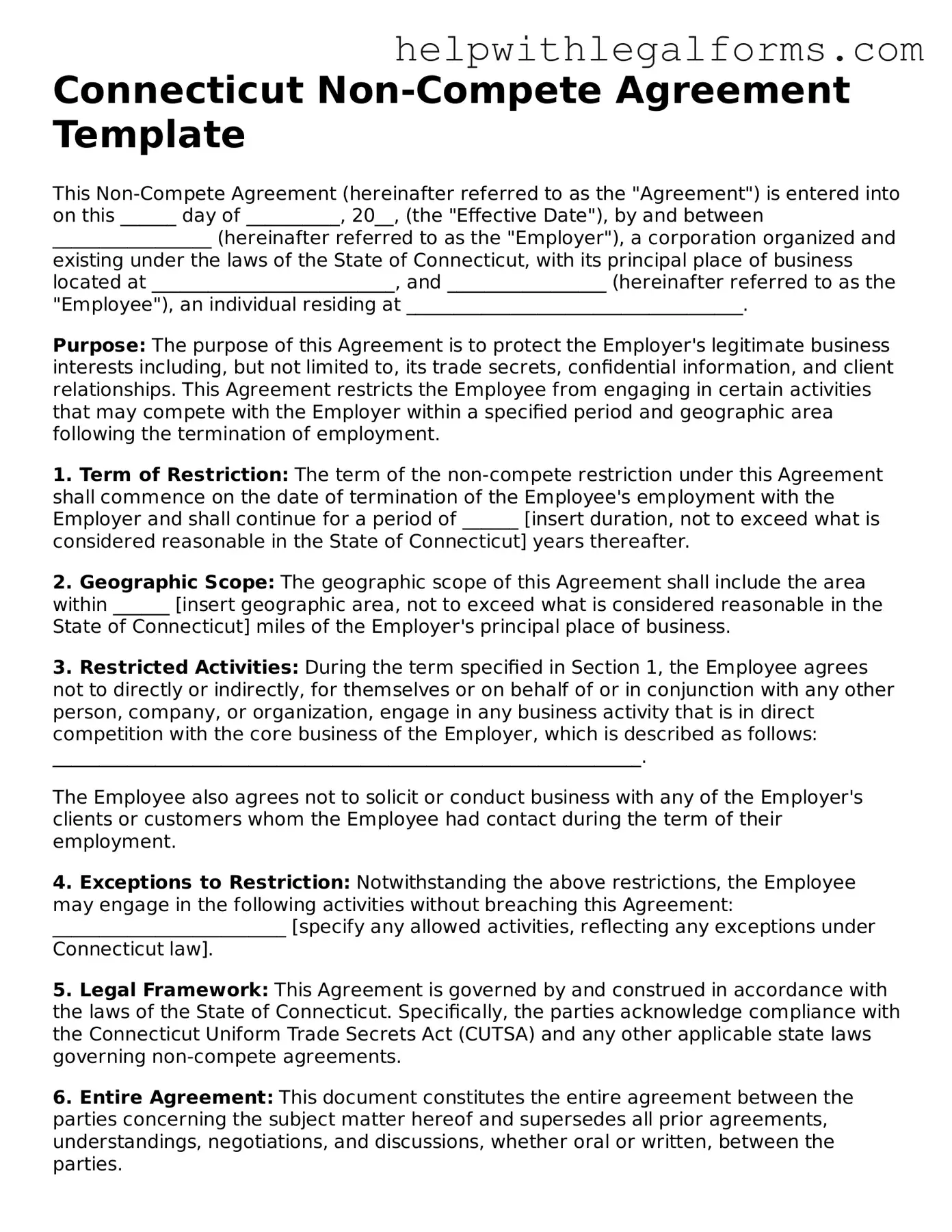 Blank  Non-compete Agreement Form for Connecticut