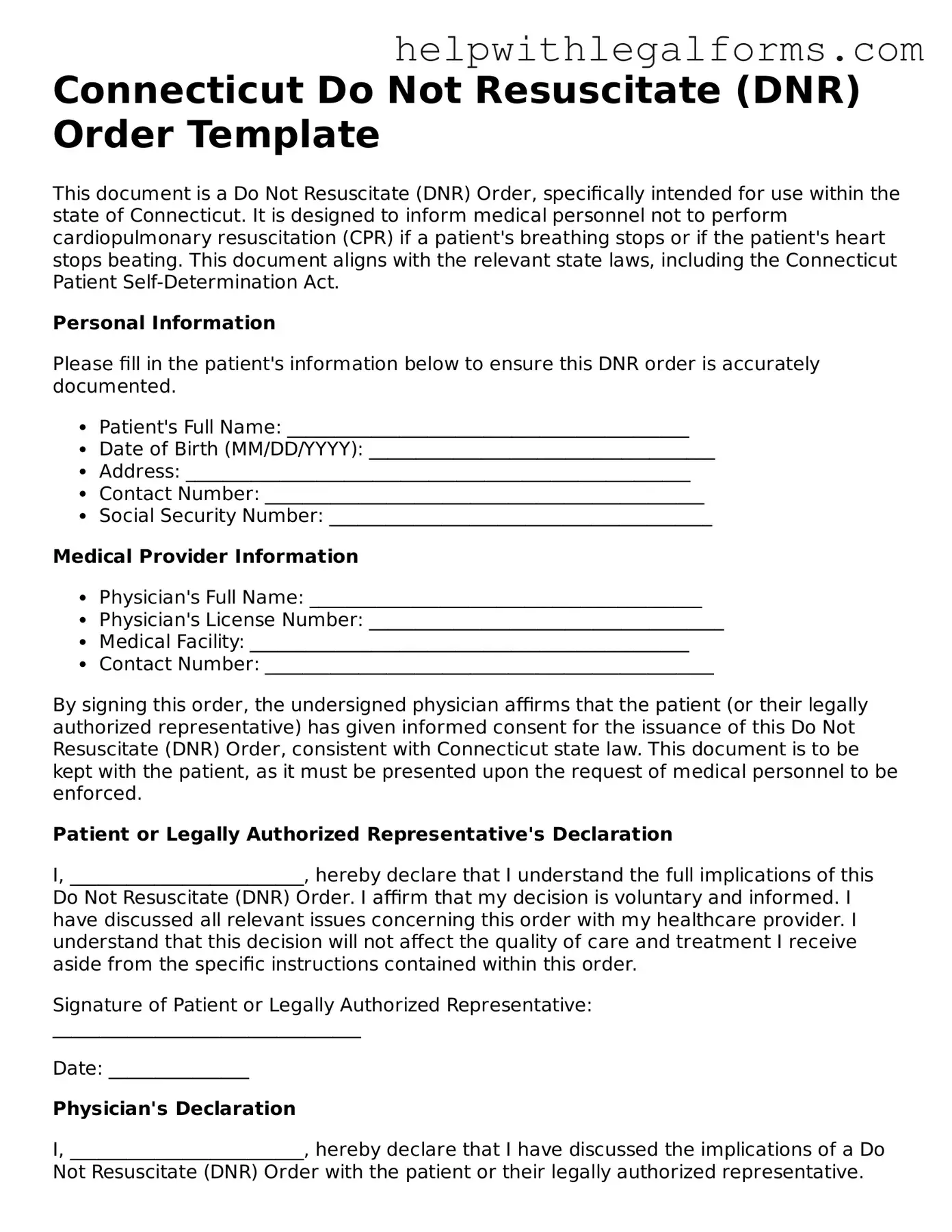 Blank  Do Not Resuscitate Order Form for Connecticut