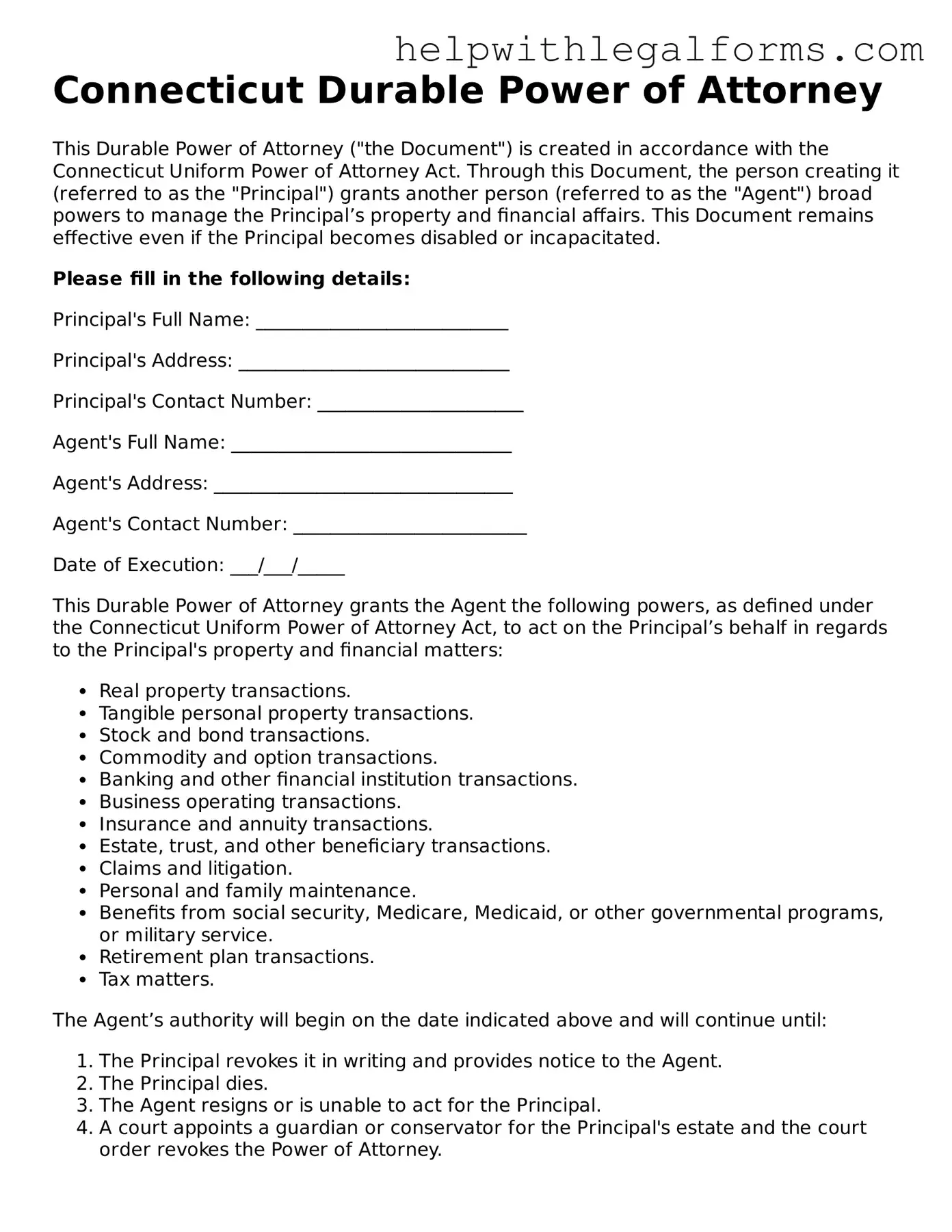 Blank  Durable Power of Attorney Form for Connecticut