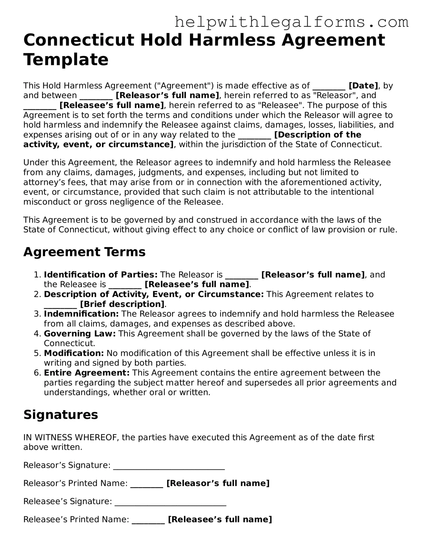 Blank  Hold Harmless Agreement Form for Connecticut