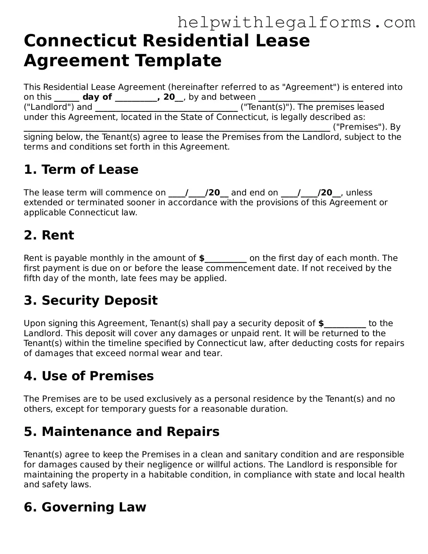 Blank  Residential Lease Agreement Form for Connecticut