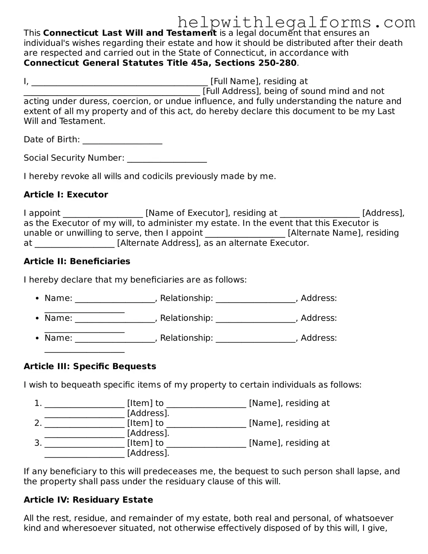 Blank  Last Will and Testament Form for Connecticut