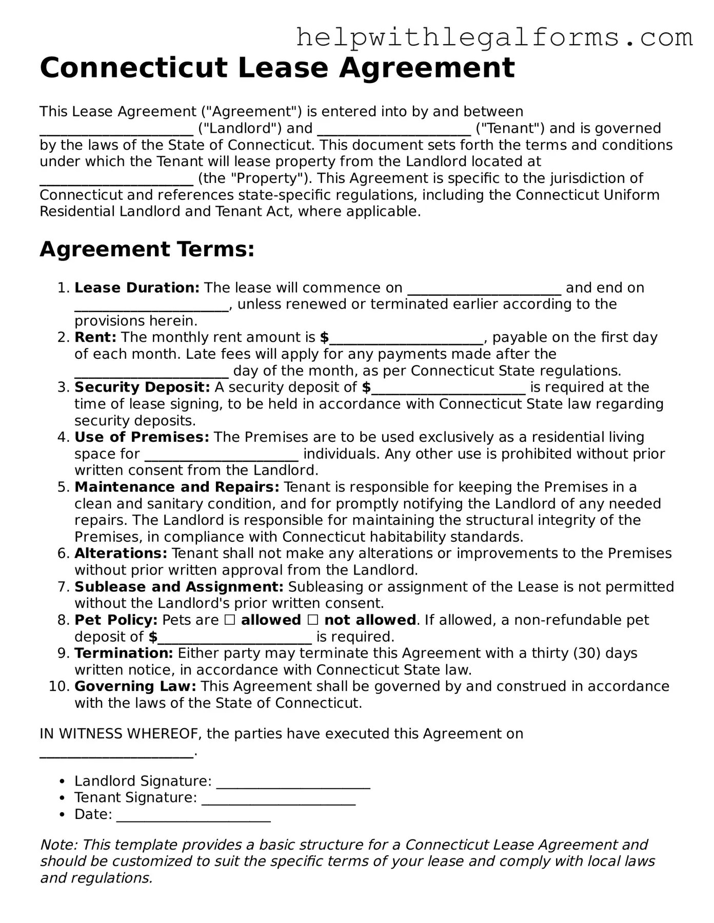 Blank  Lease Agreement Form for Connecticut