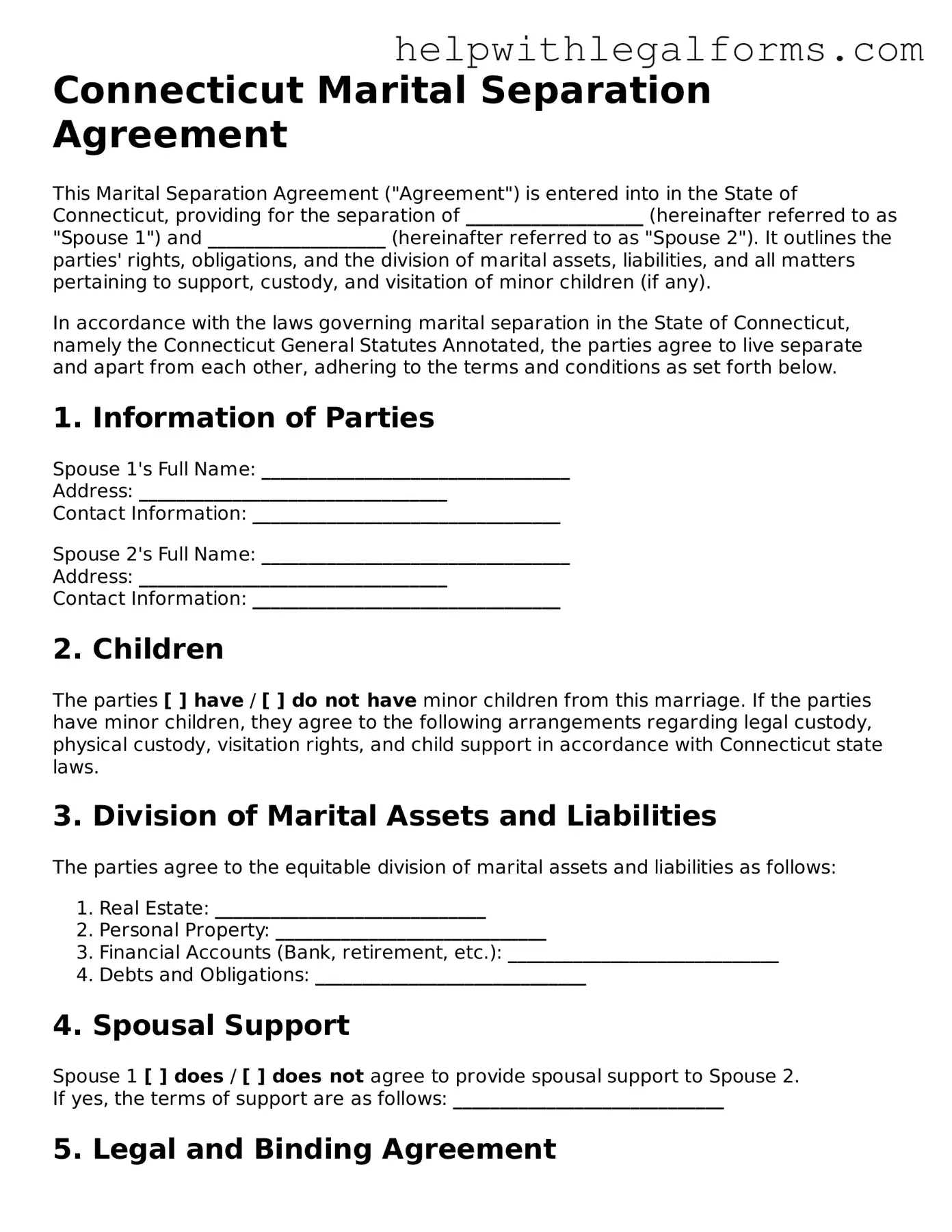 Blank  Marital Separation Agreement Form for Connecticut