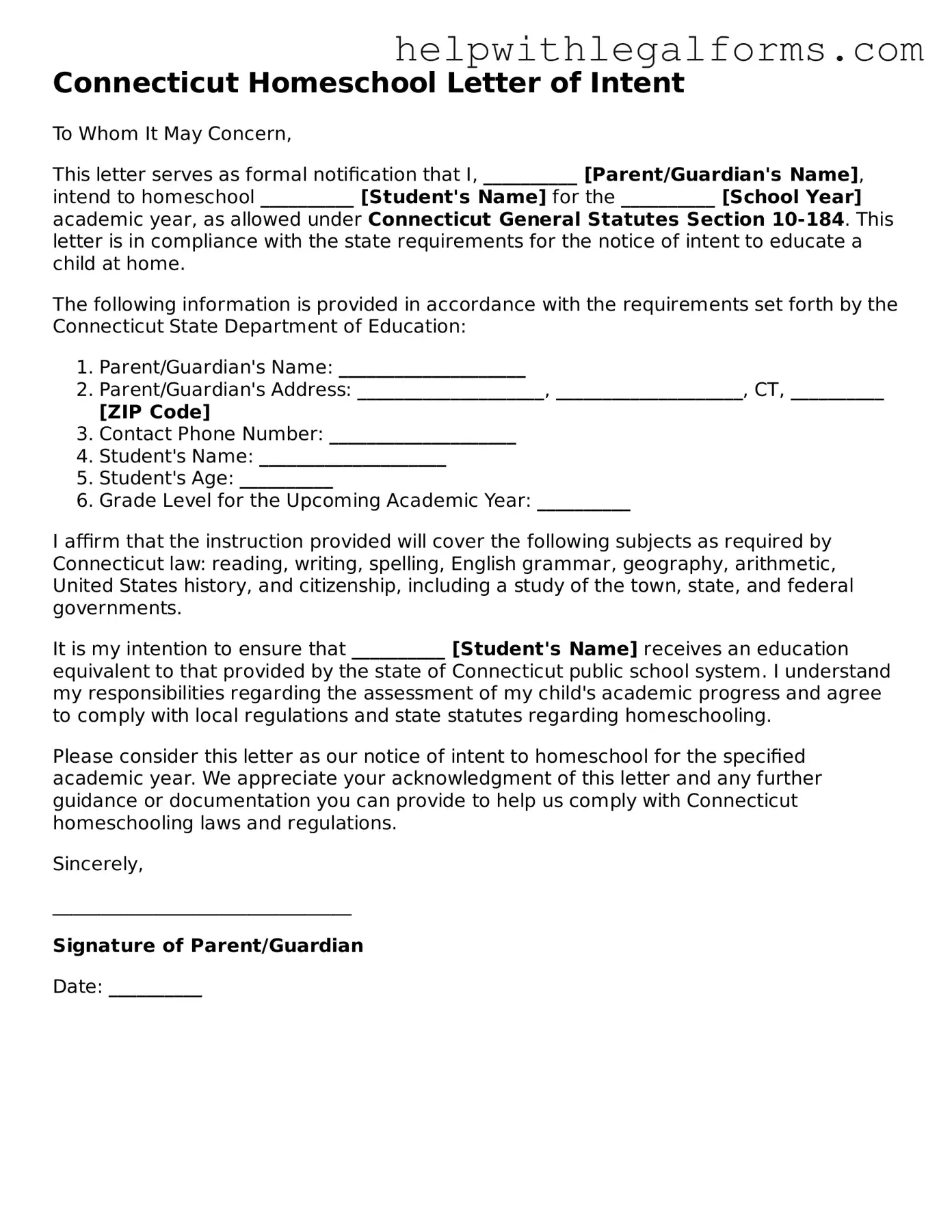 Blank  Homeschool Letter of Intent Form for Connecticut
