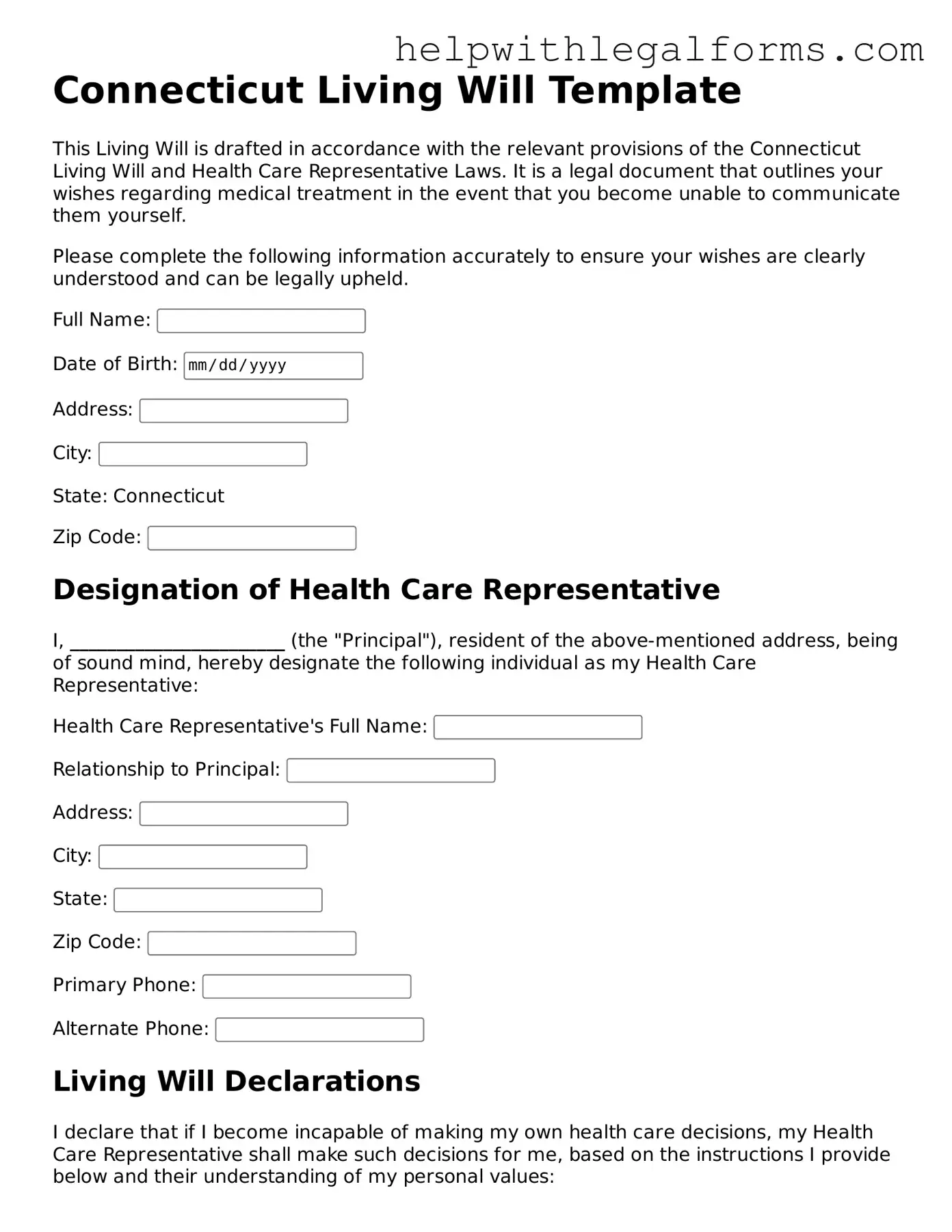 Blank  Living Will Form for Connecticut
