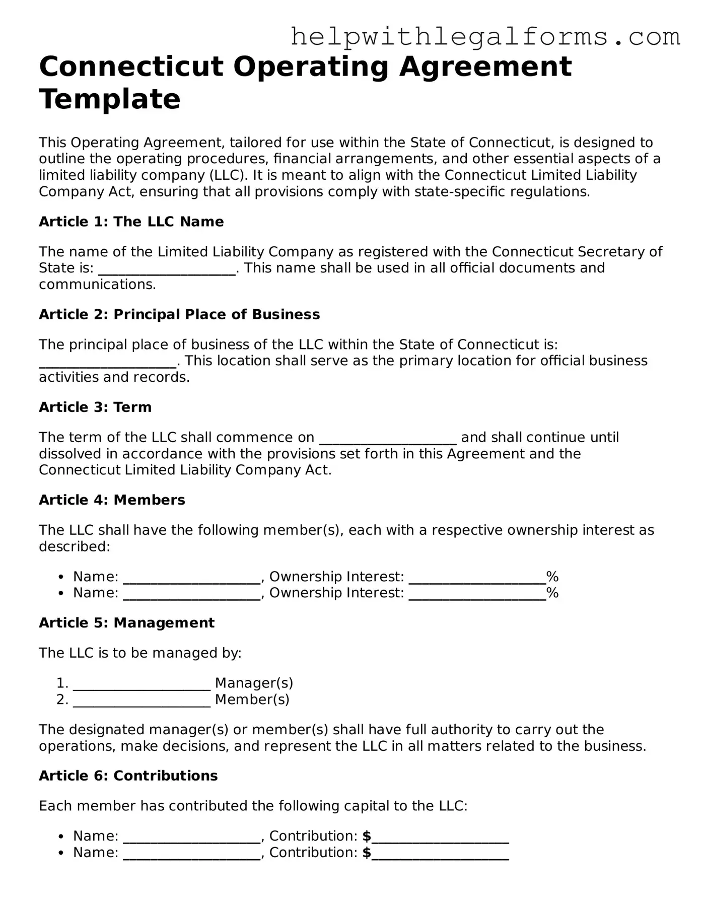 Blank  Operating Agreement Form for Connecticut
