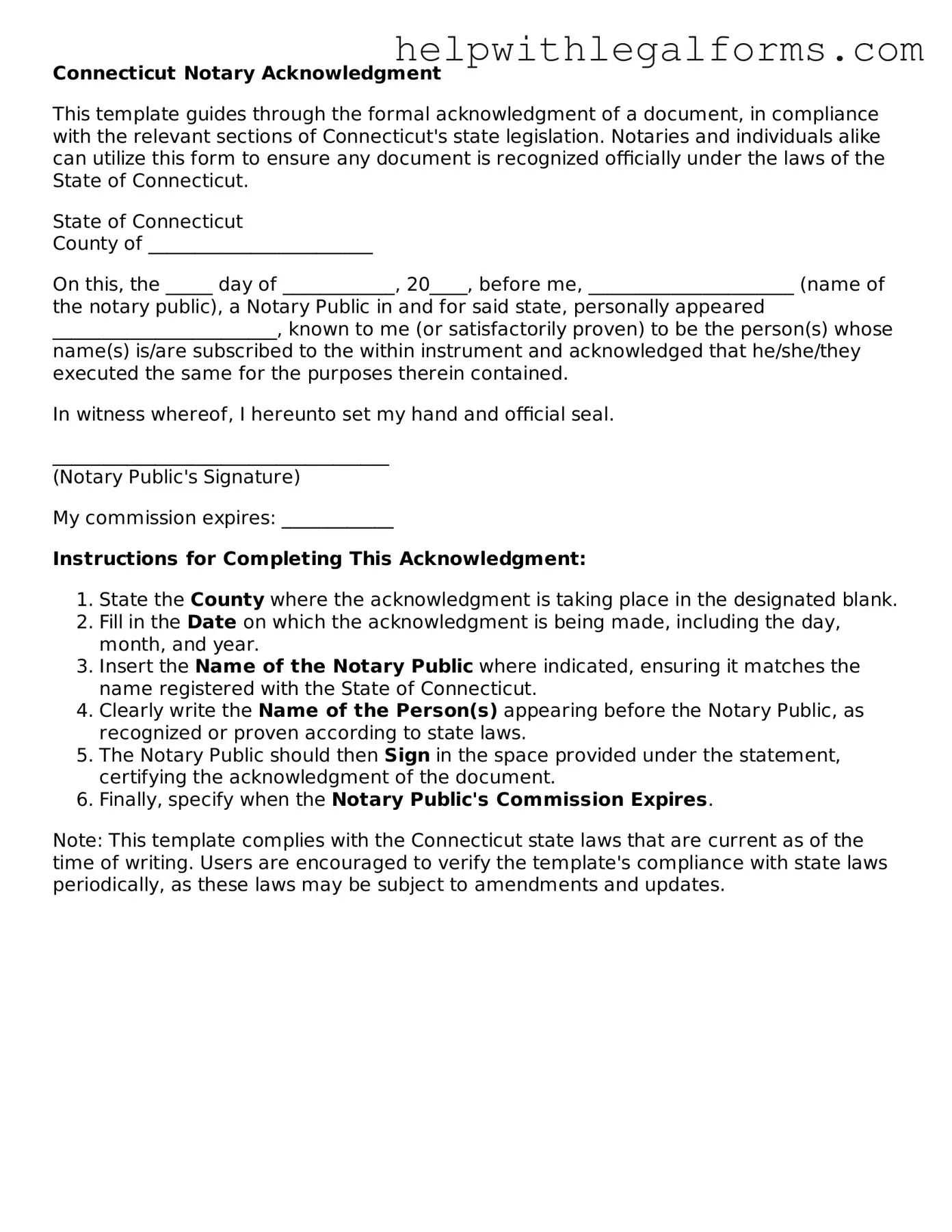 Blank  Notary Acknowledgement Form for Connecticut