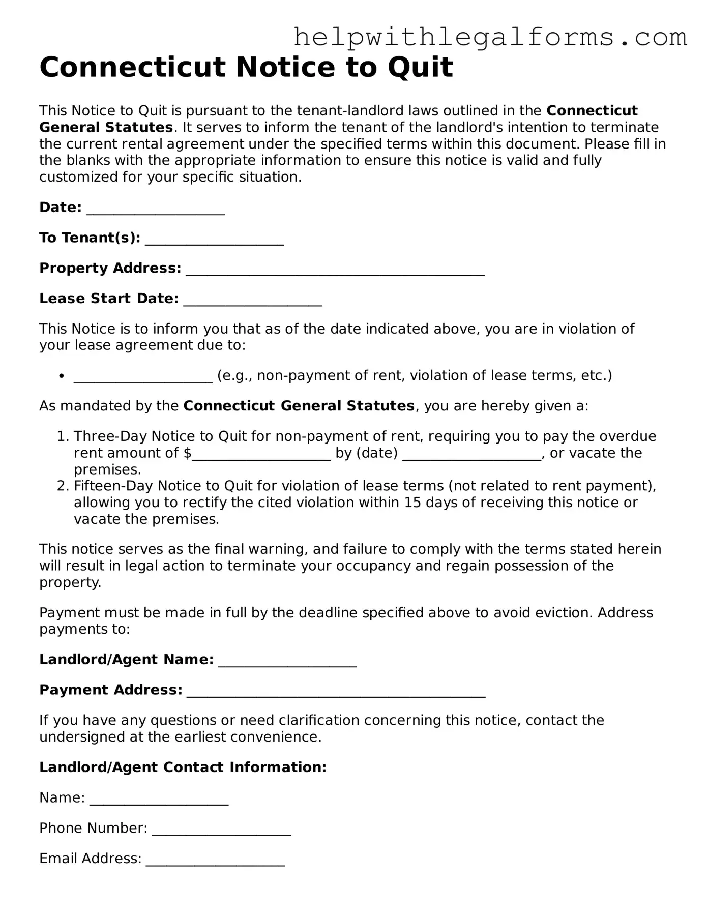 Blank  Notice to Quit Form for Connecticut