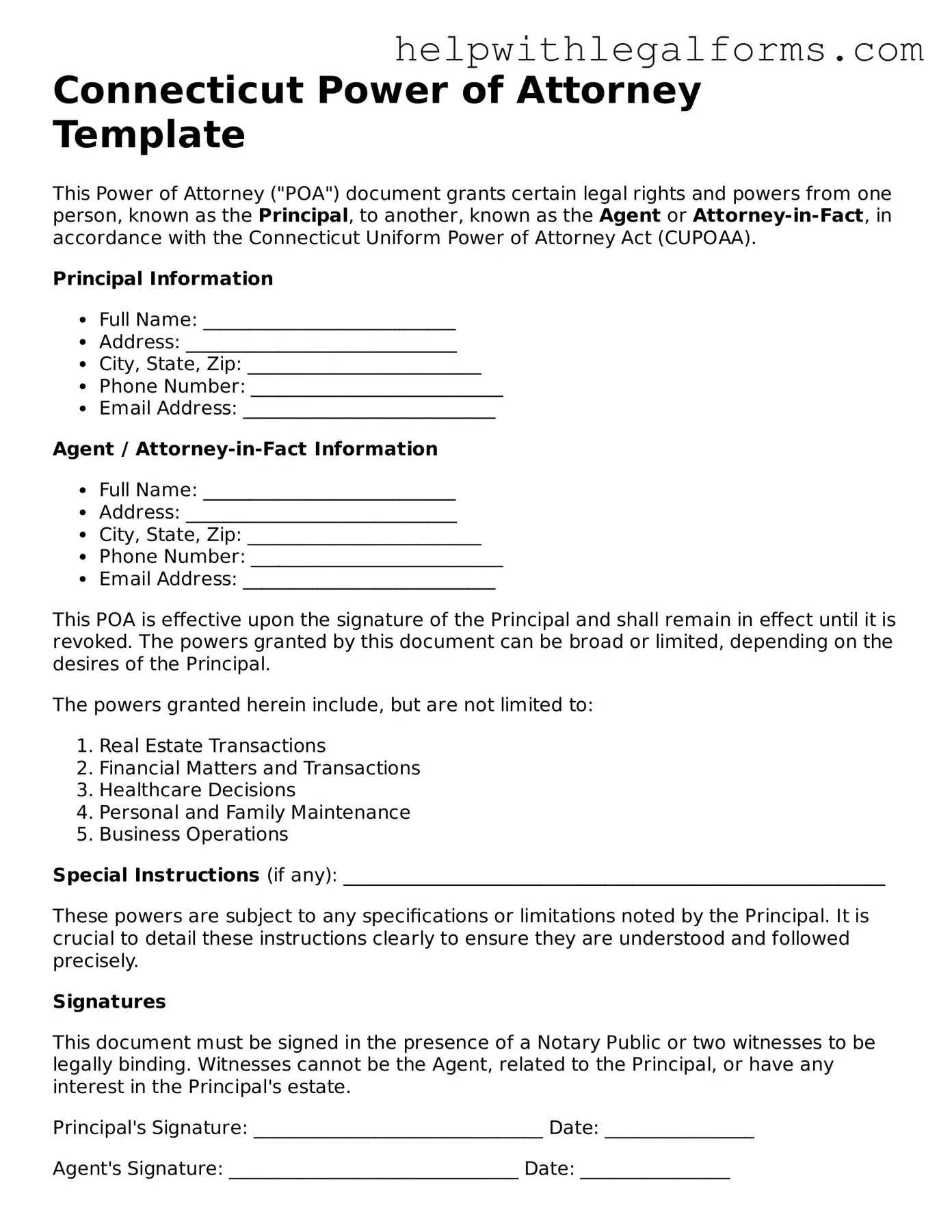 Blank  Power of Attorney Form for Connecticut