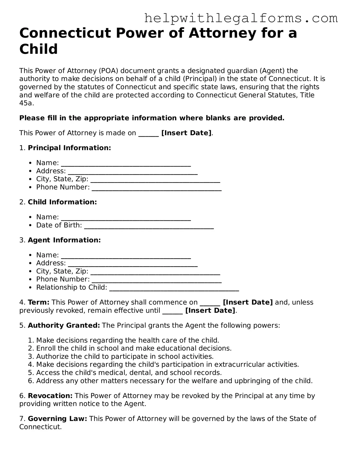 Blank  Power of Attorney for a Child Form for Connecticut