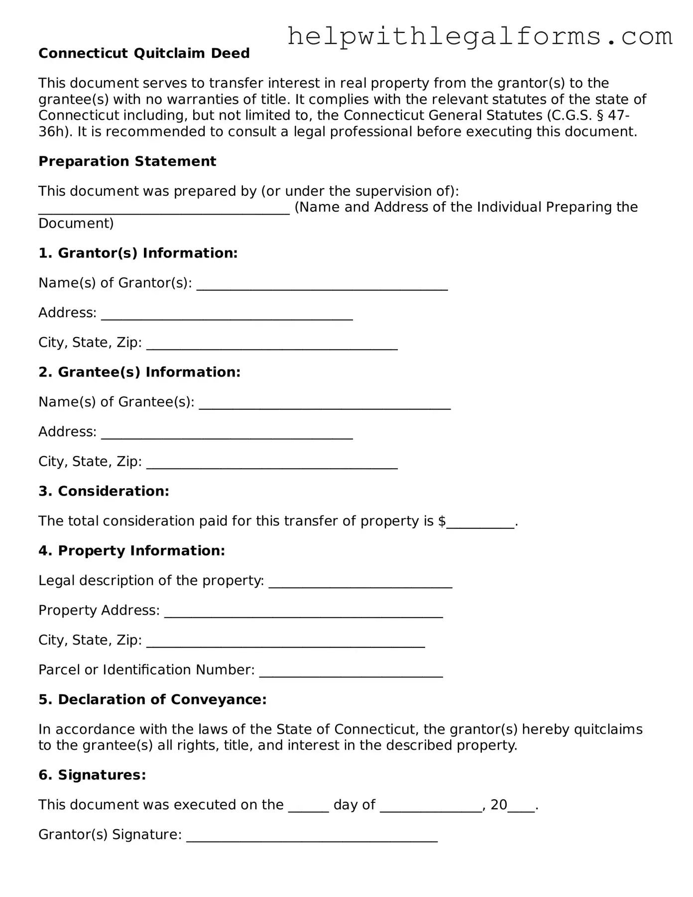 Blank  Quitclaim Deed Form for Connecticut