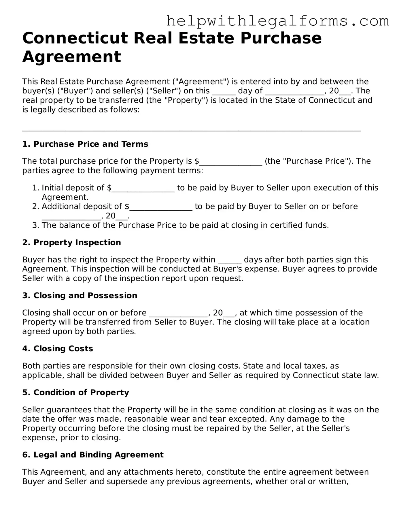 Blank  Real Estate Purchase Agreement Form for Connecticut