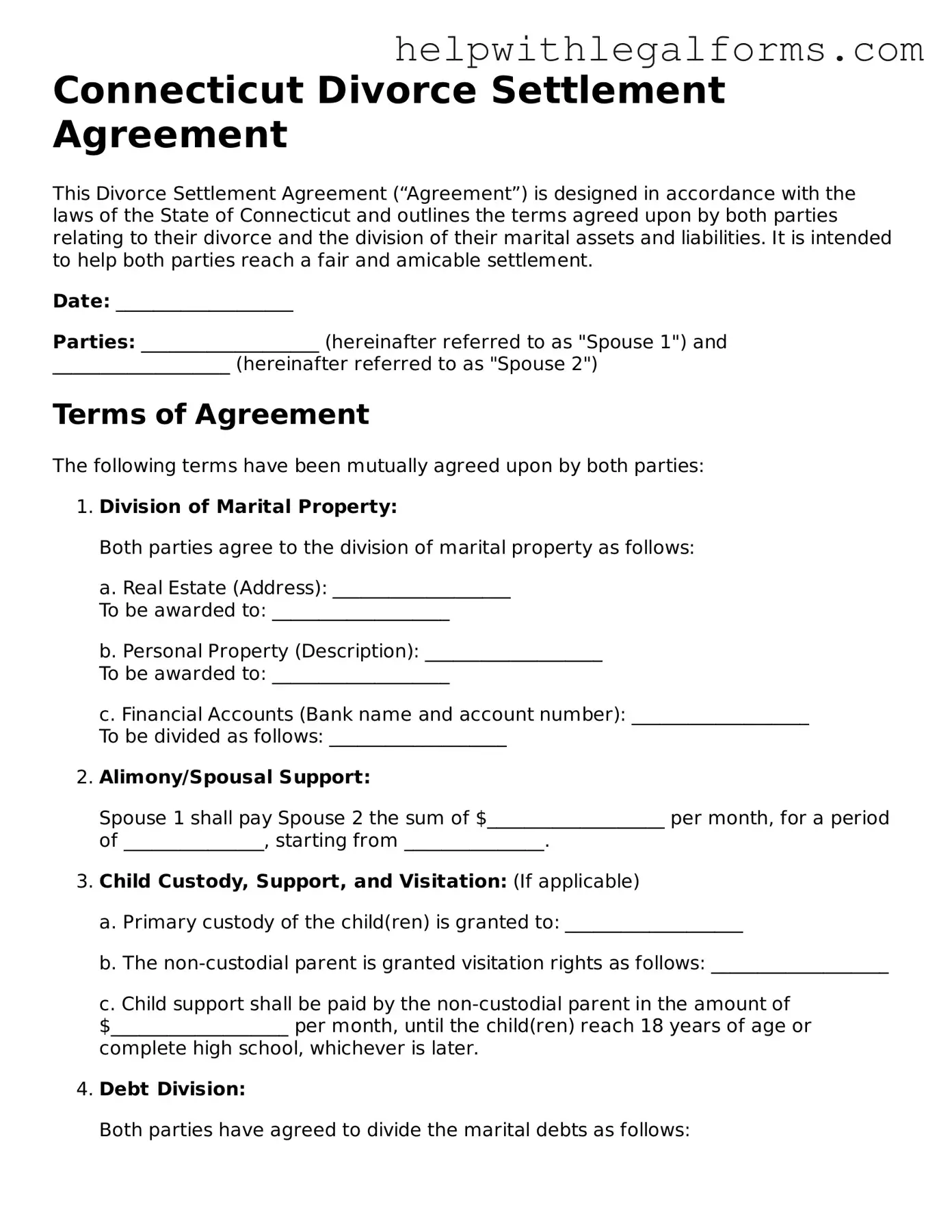 Blank  Divorce Settlement Agreement Form for Connecticut