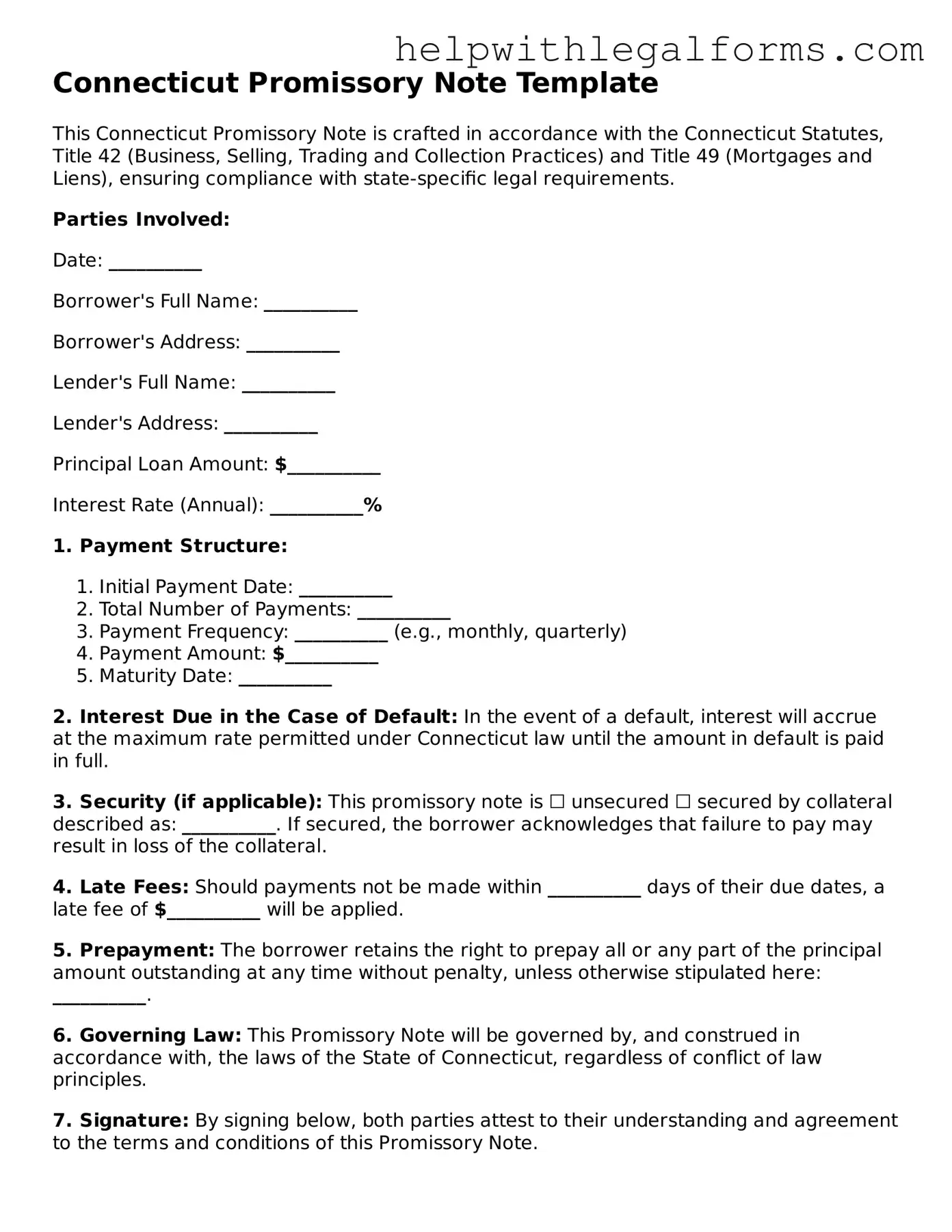 Blank  Promissory Note Form for Connecticut