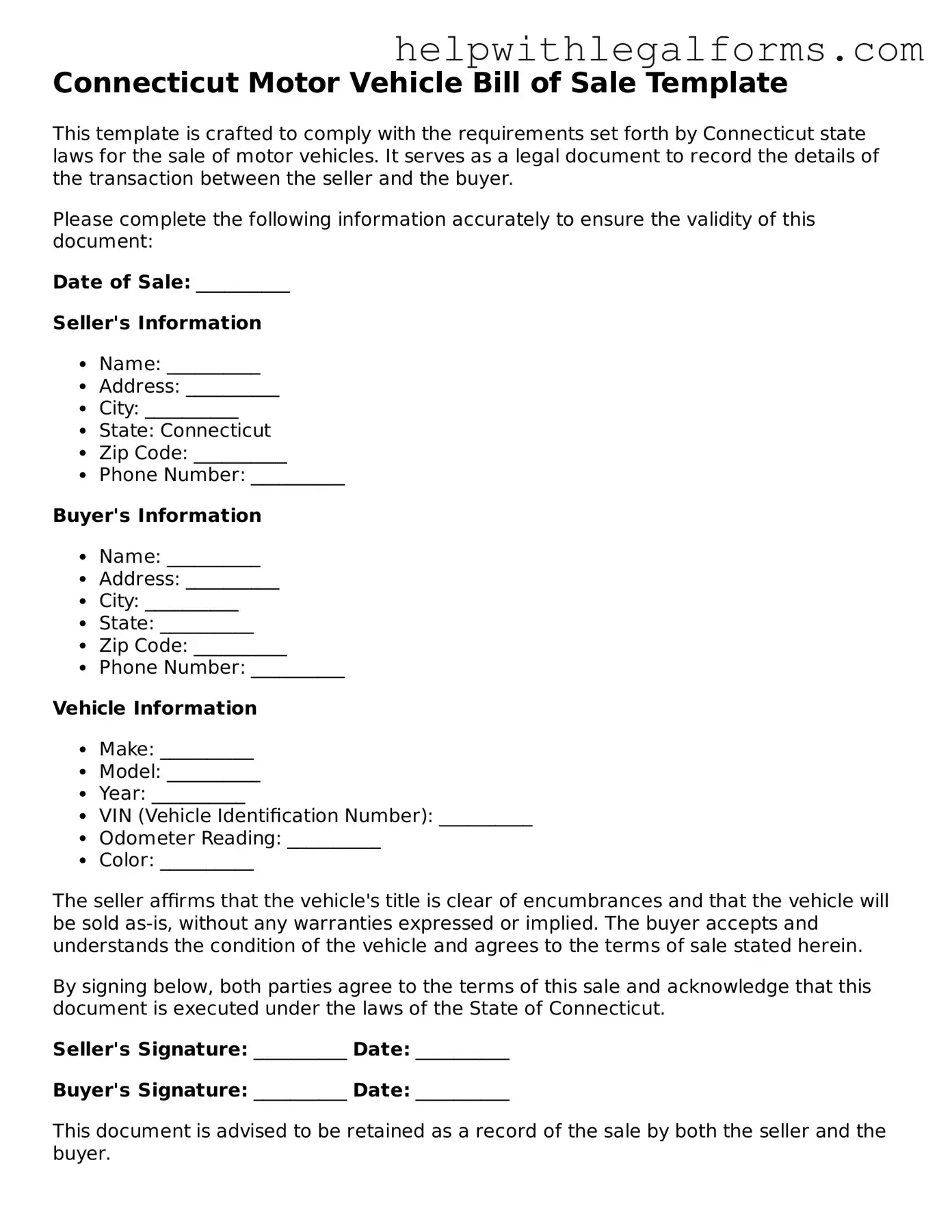 Blank  Motor Vehicle Bill of Sale Form for Connecticut
