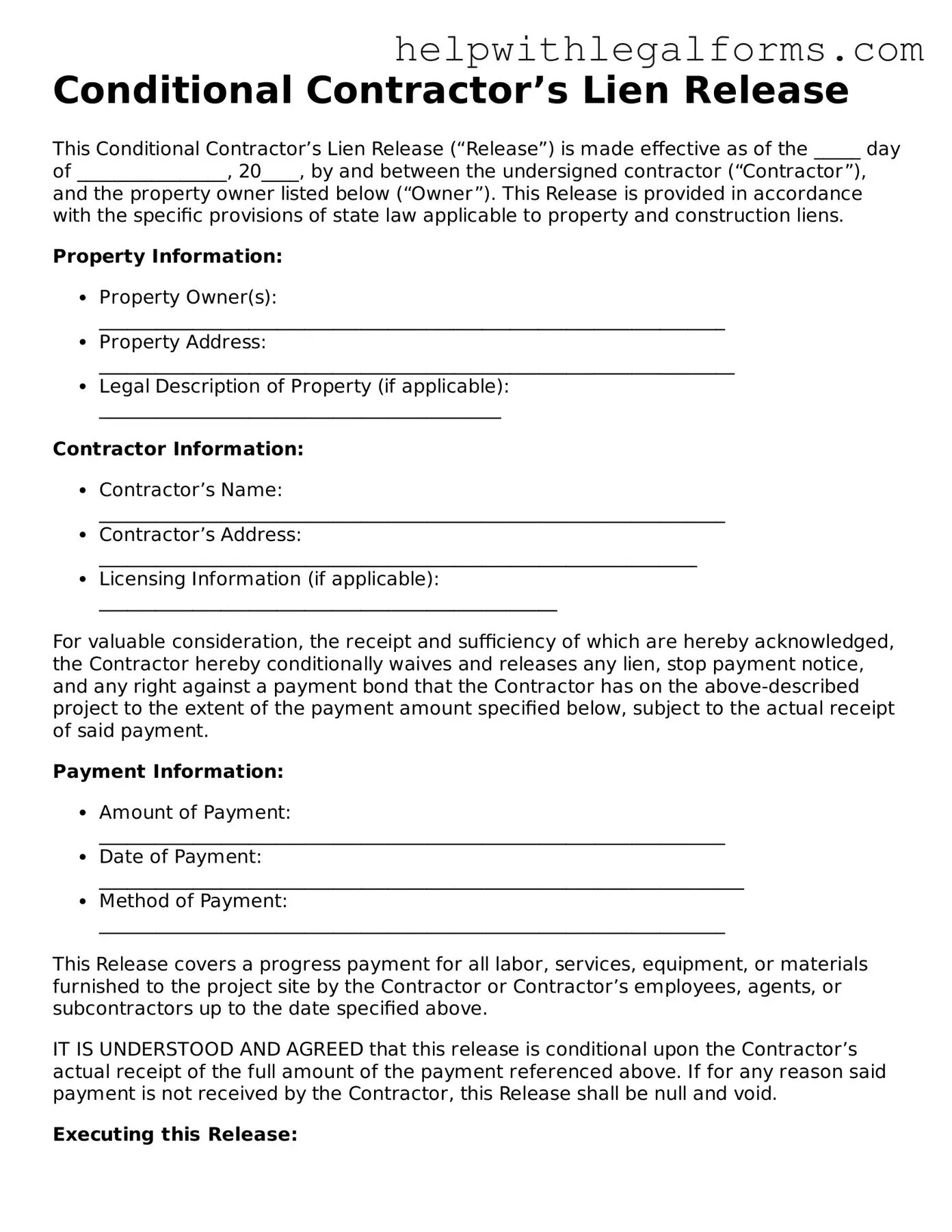 Legal Conditional Contractor’s Lien Release Form