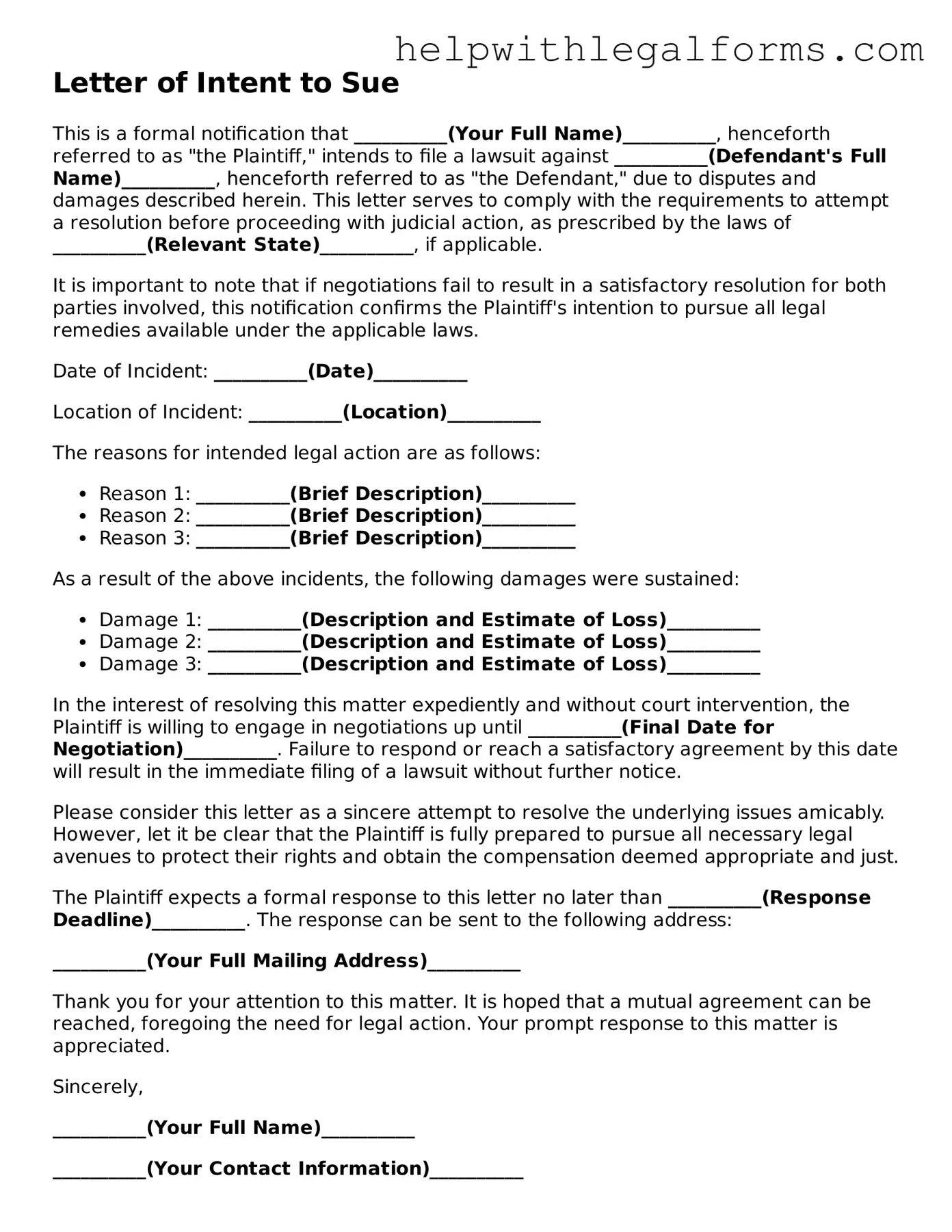 Legal Letter of Intent to Sue Form