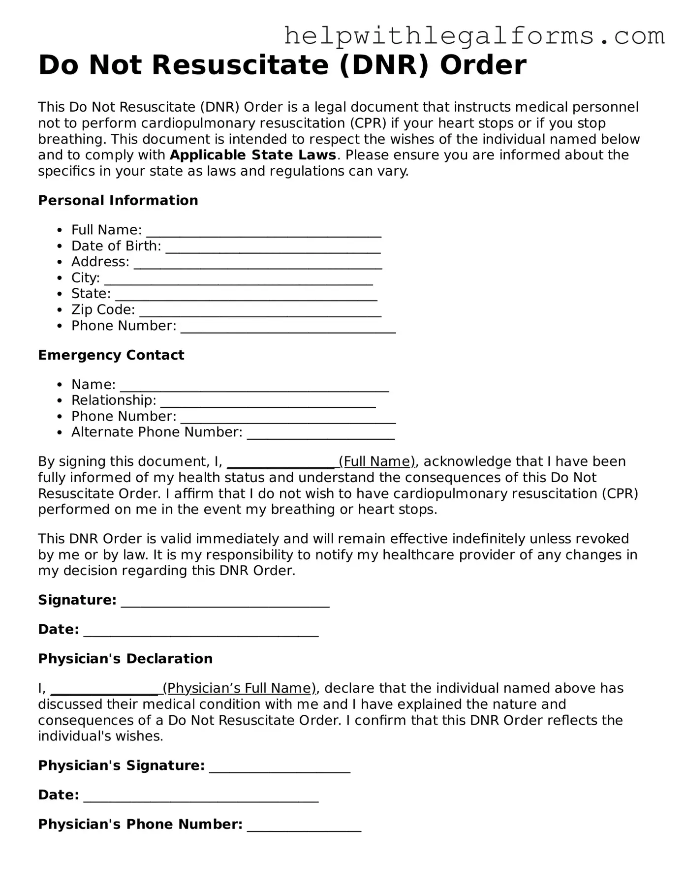 Legal Do Not Resuscitate Order Form