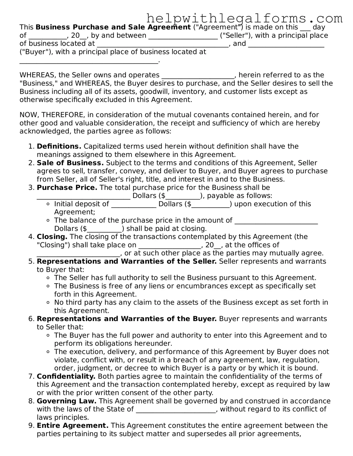 Legal Business Purchase and Sale Agreement Form