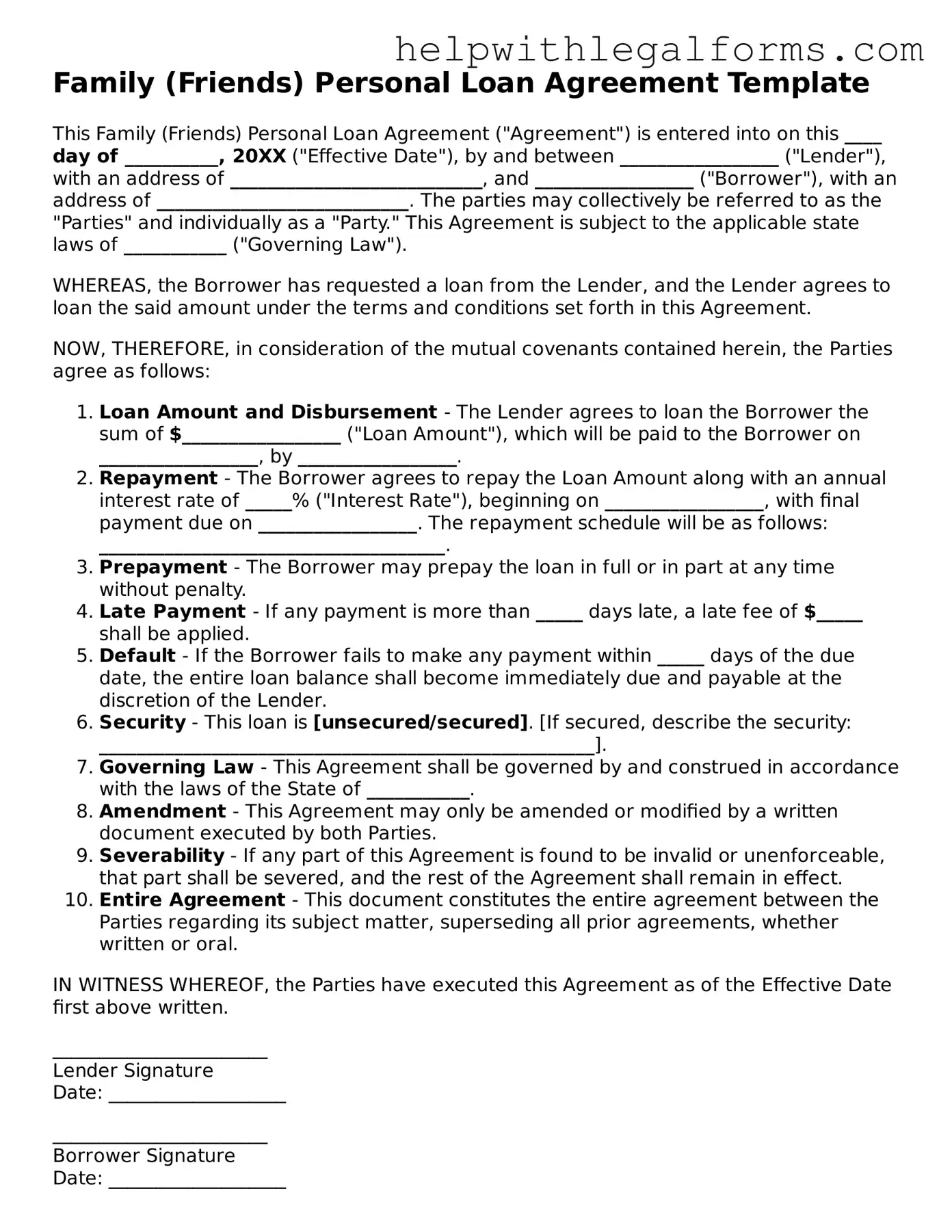 Legal Family (Friends) Personal Loan Agreement Form
