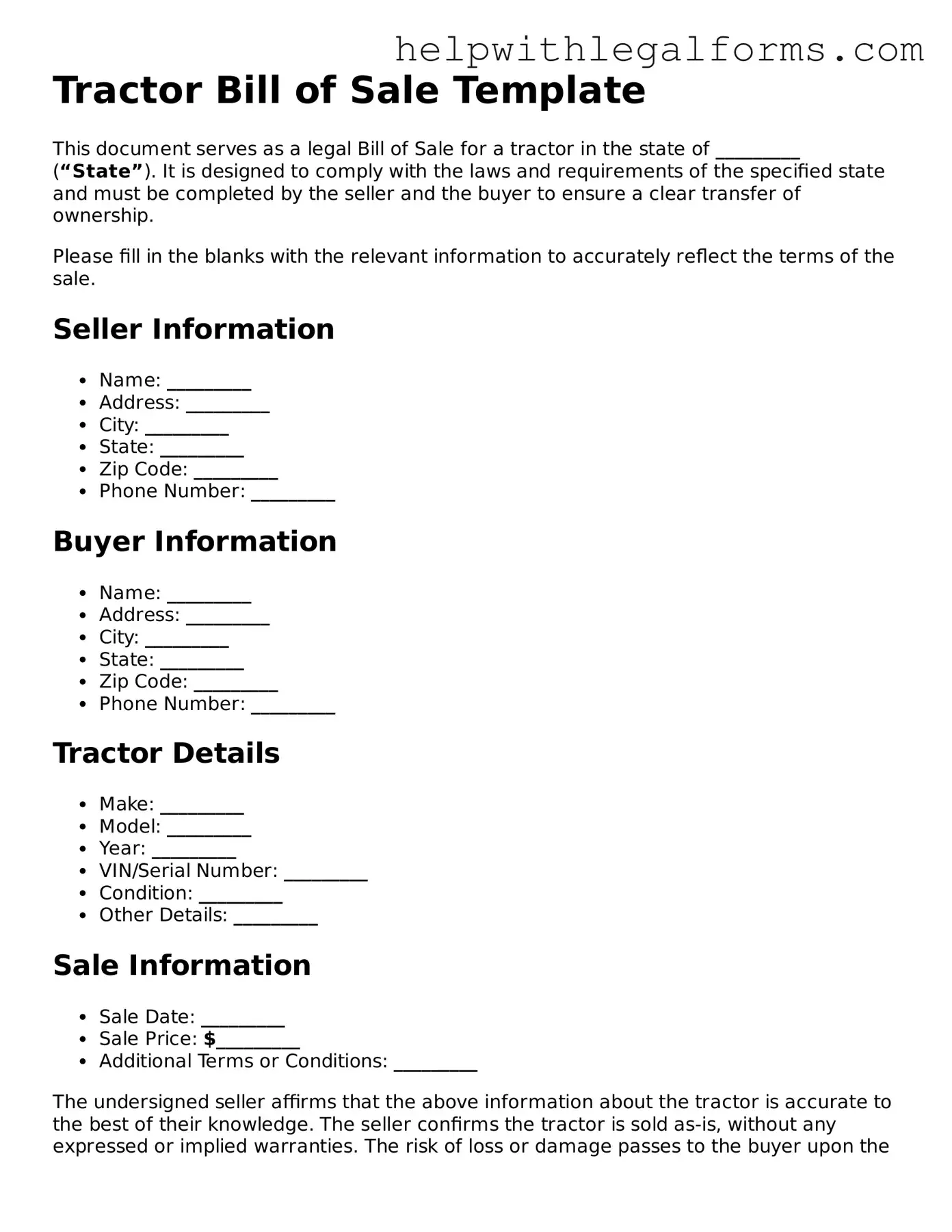 Legal Tractor Bill of Sale Form