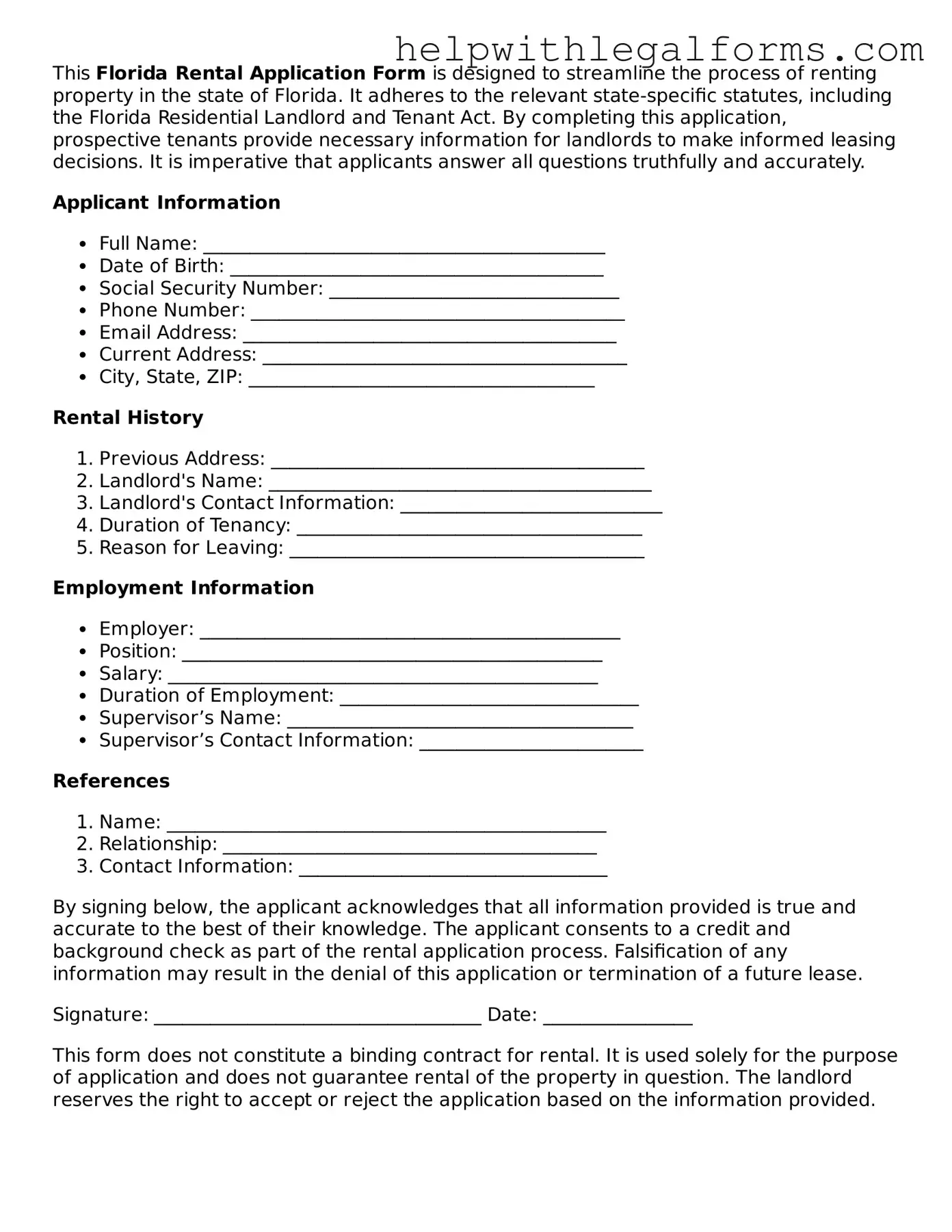 Blank  Rental Application Form for Florida