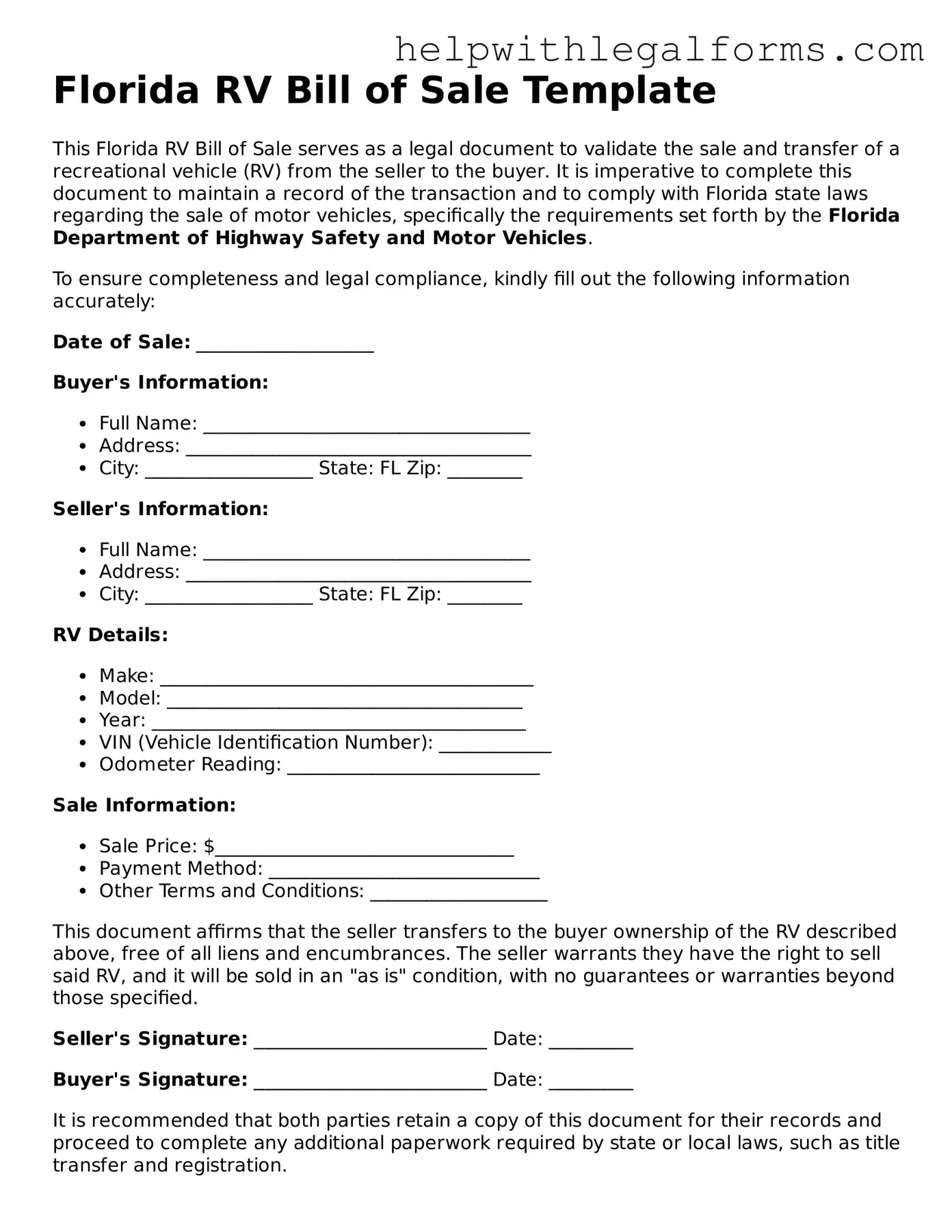 Blank  RV Bill of Sale Form for Florida