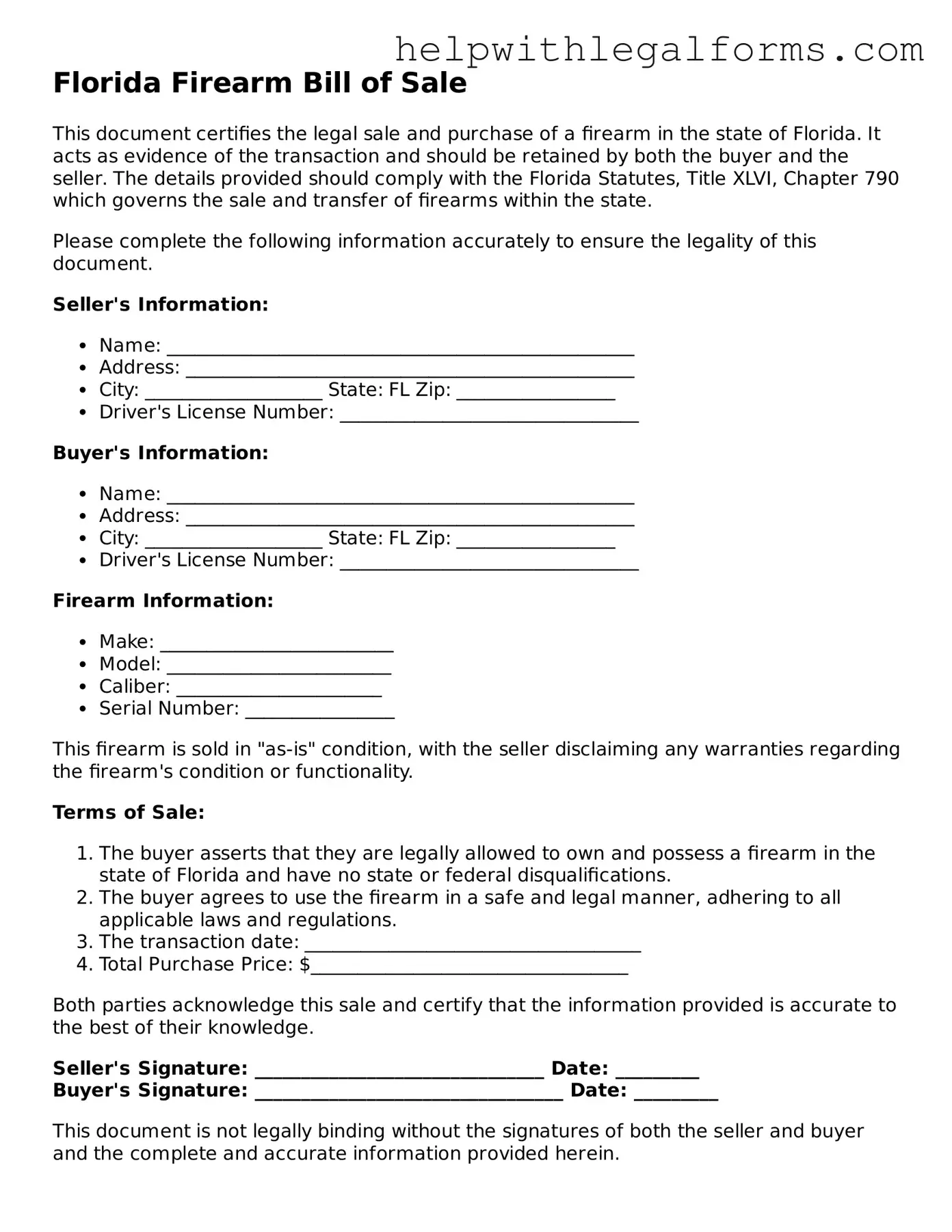 Blank  Firearm Bill of Sale Form for Florida