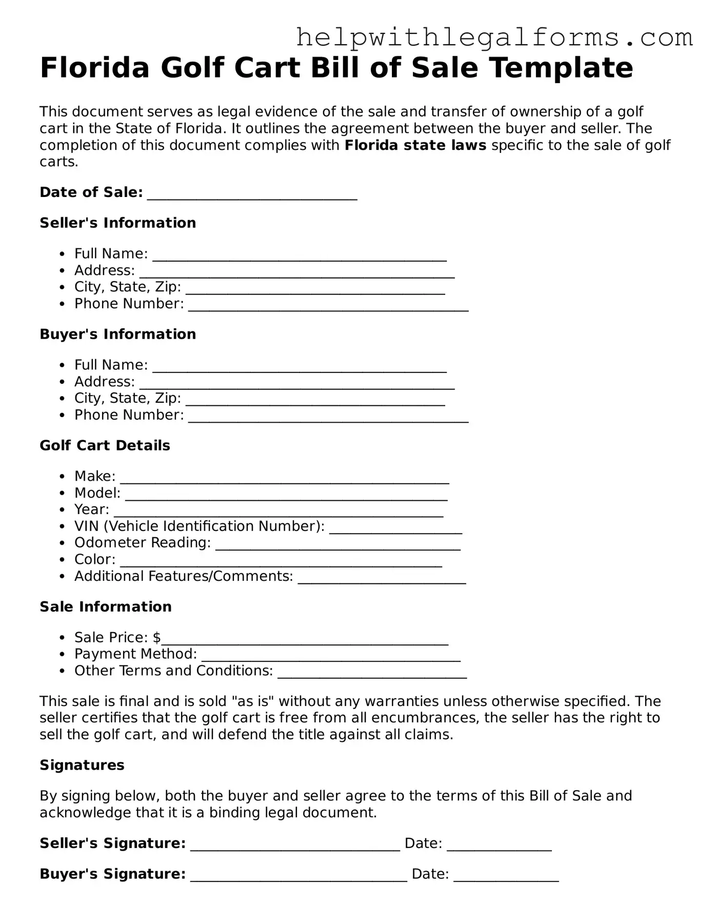 Blank  Golf Cart Bill of Sale Form for Florida