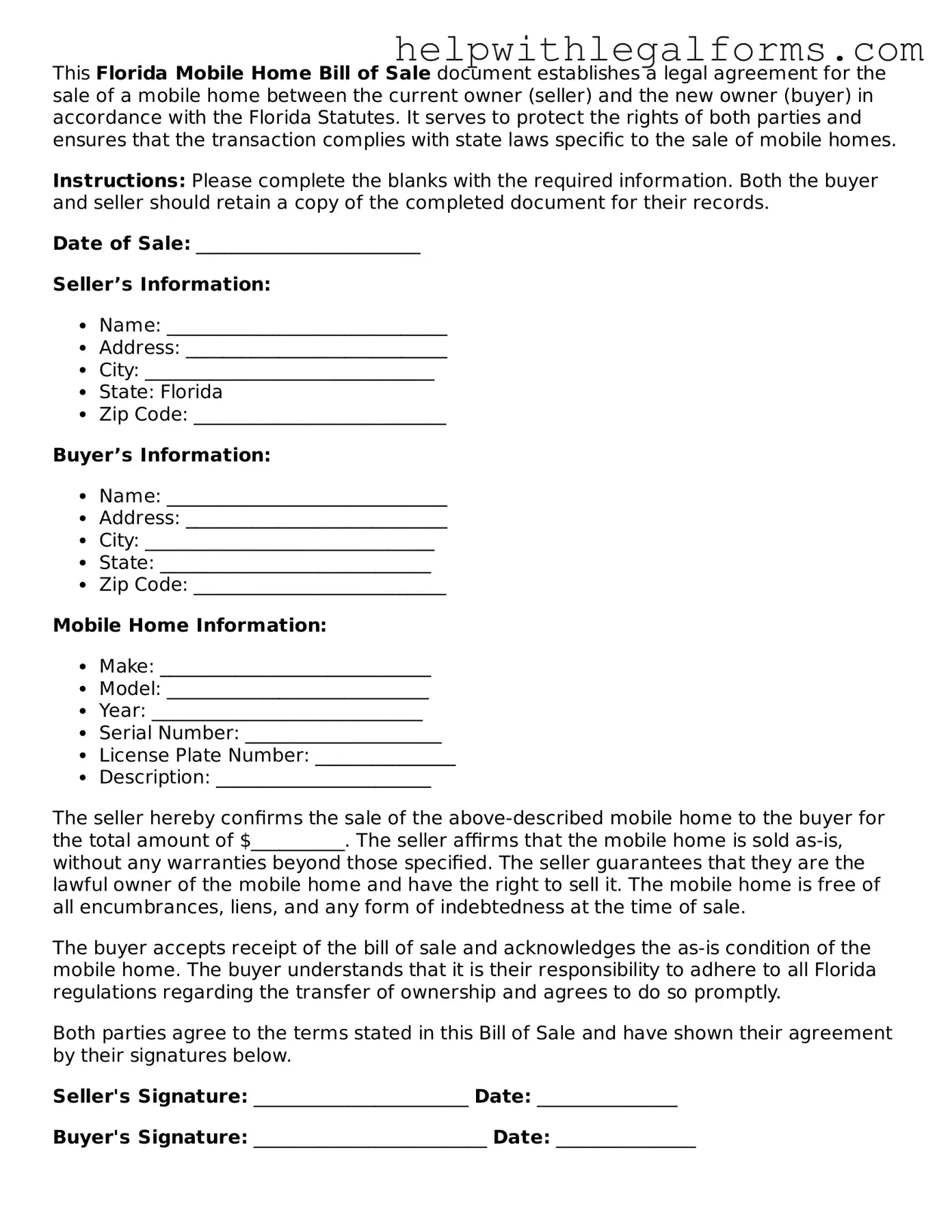 Blank  Mobile Home Bill of Sale Form for Florida