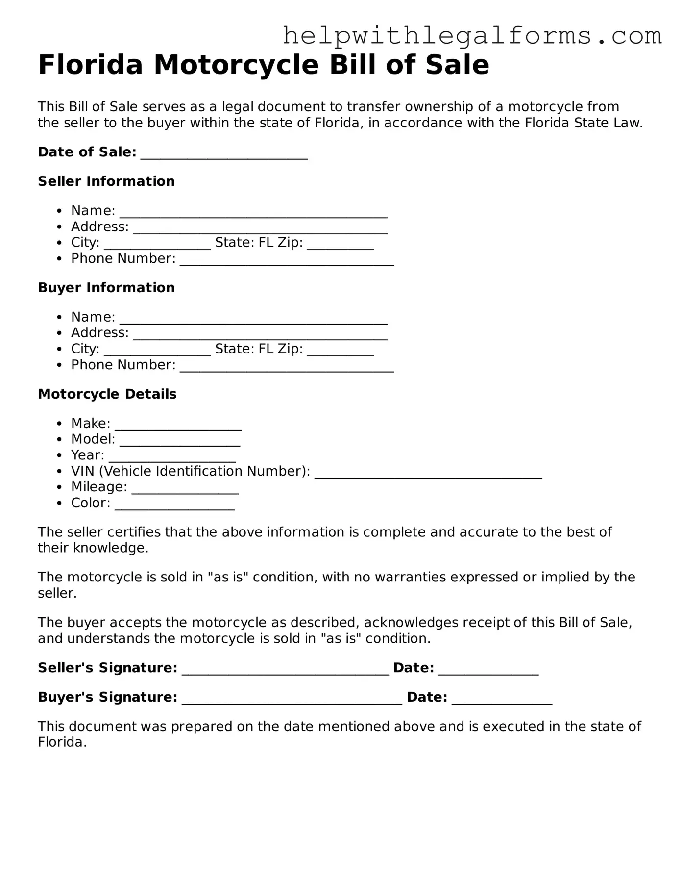 Blank  Motorcycle Bill of Sale Form for Florida