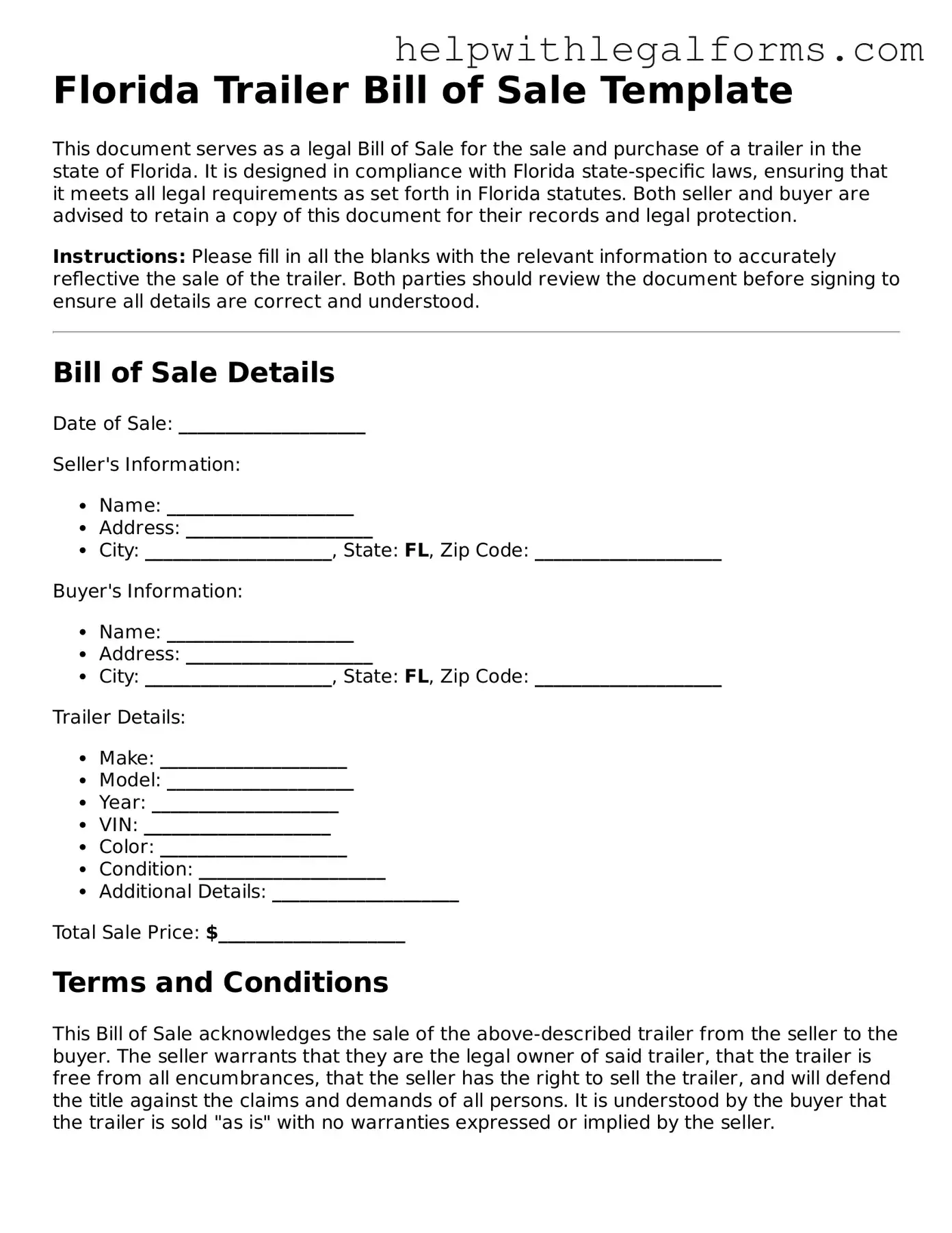 Blank  Trailer Bill of Sale Form for Florida
