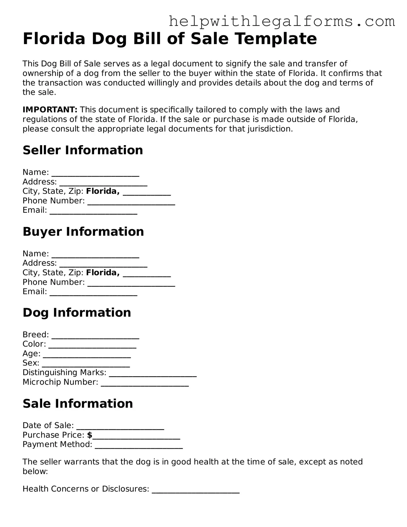Blank  Dog Bill of Sale Form for Florida