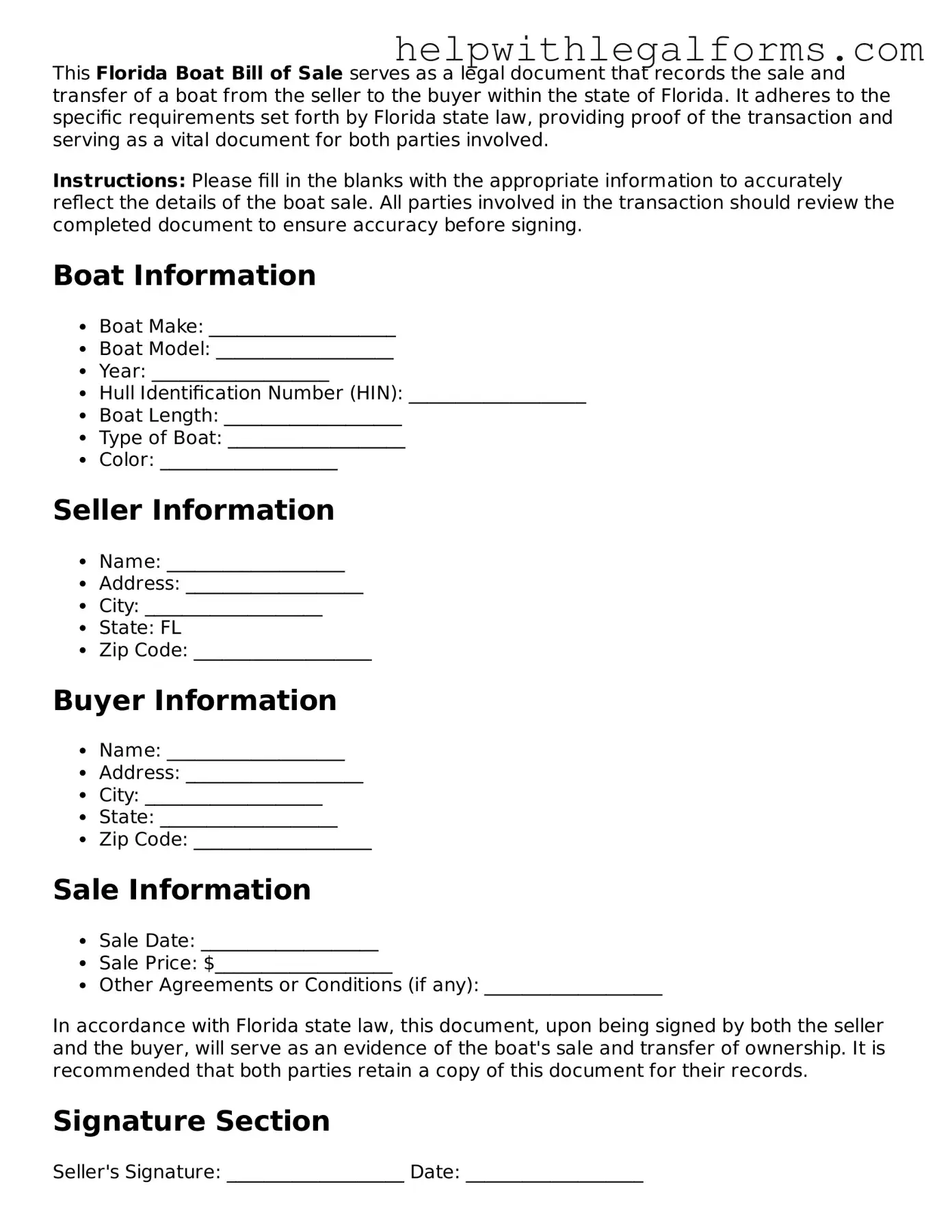 Blank  Boat Bill of Sale Form for Florida