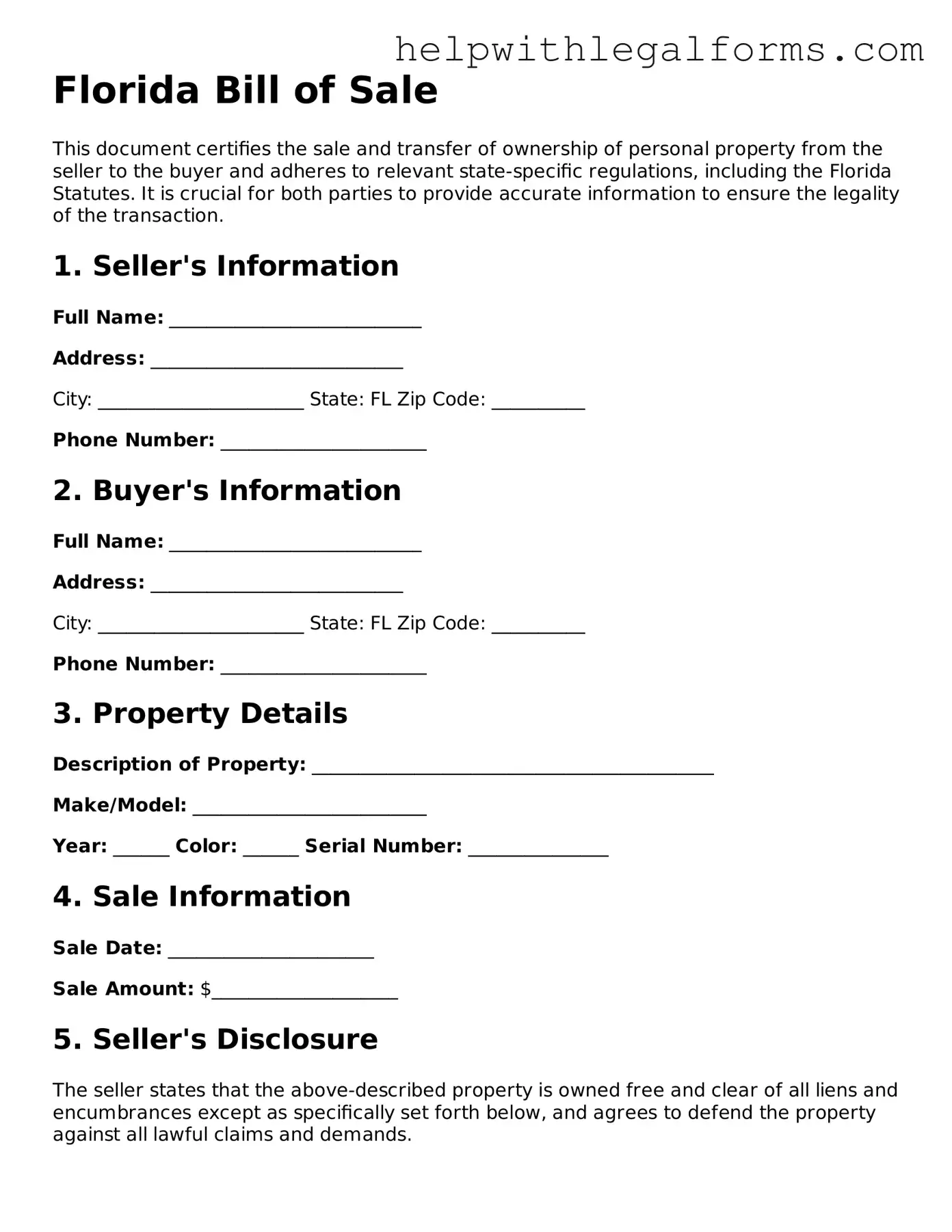 Blank  Bill of Sale Form for Florida