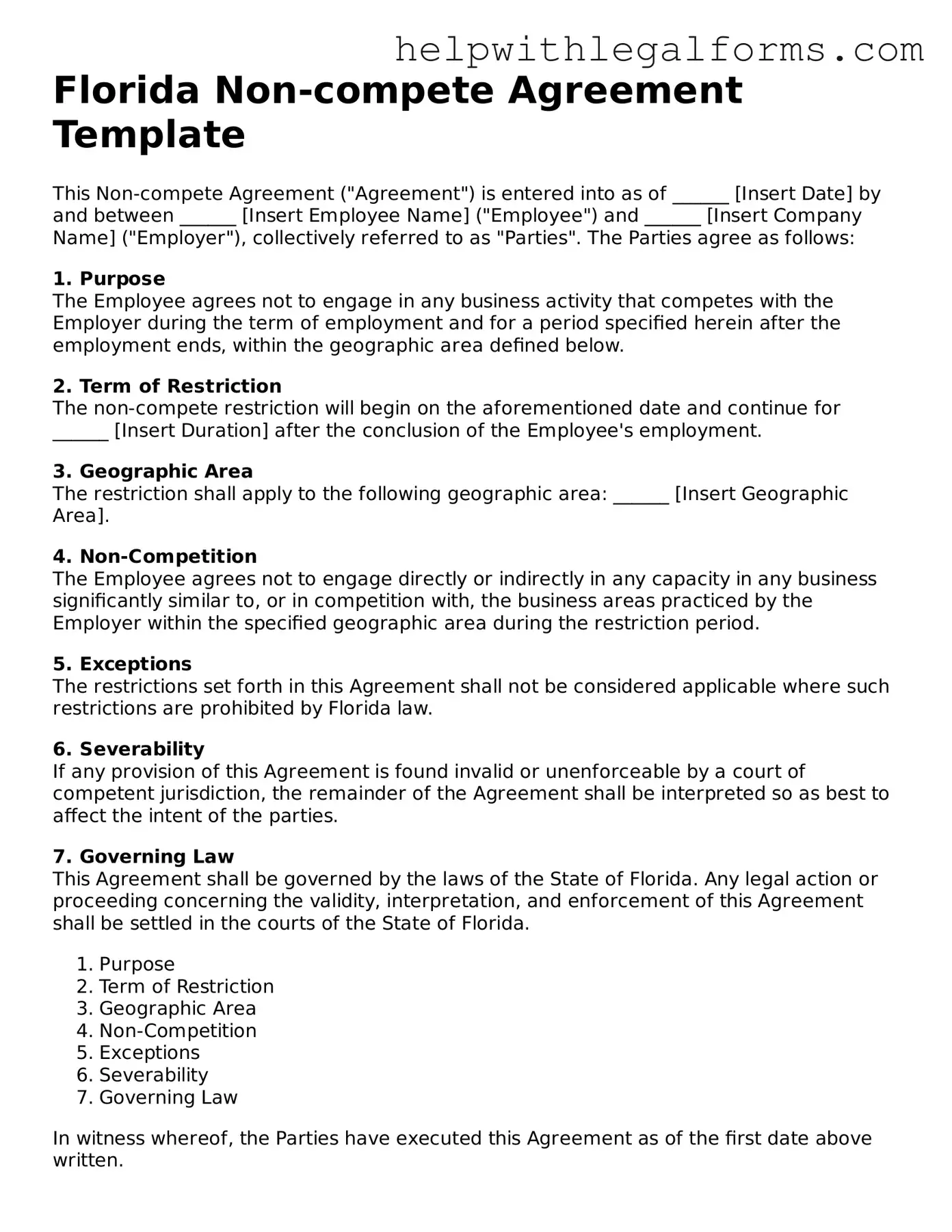 Blank  Non-compete Agreement Form for Florida
