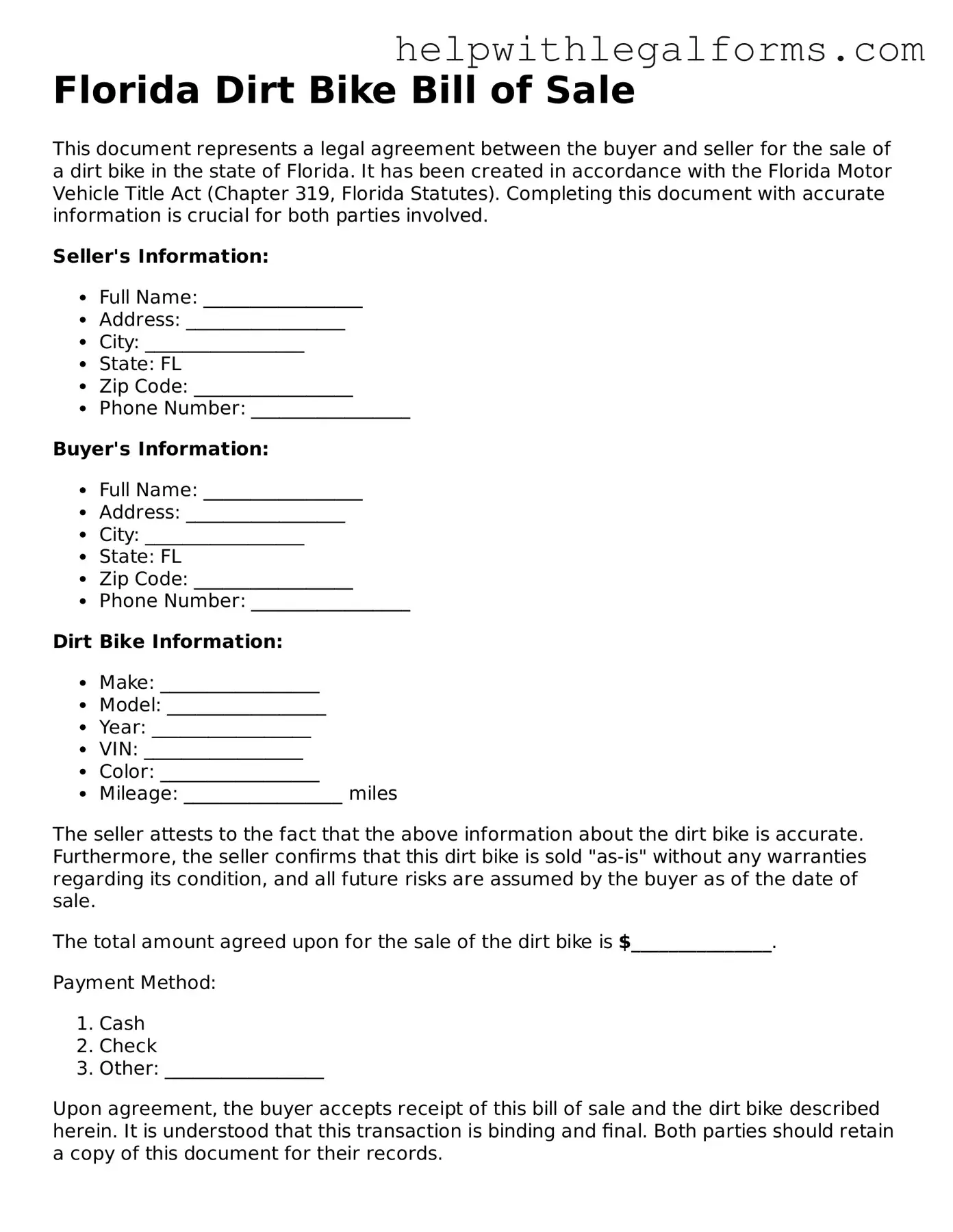 Blank  Dirt Bike Bill of Sale Form for Florida