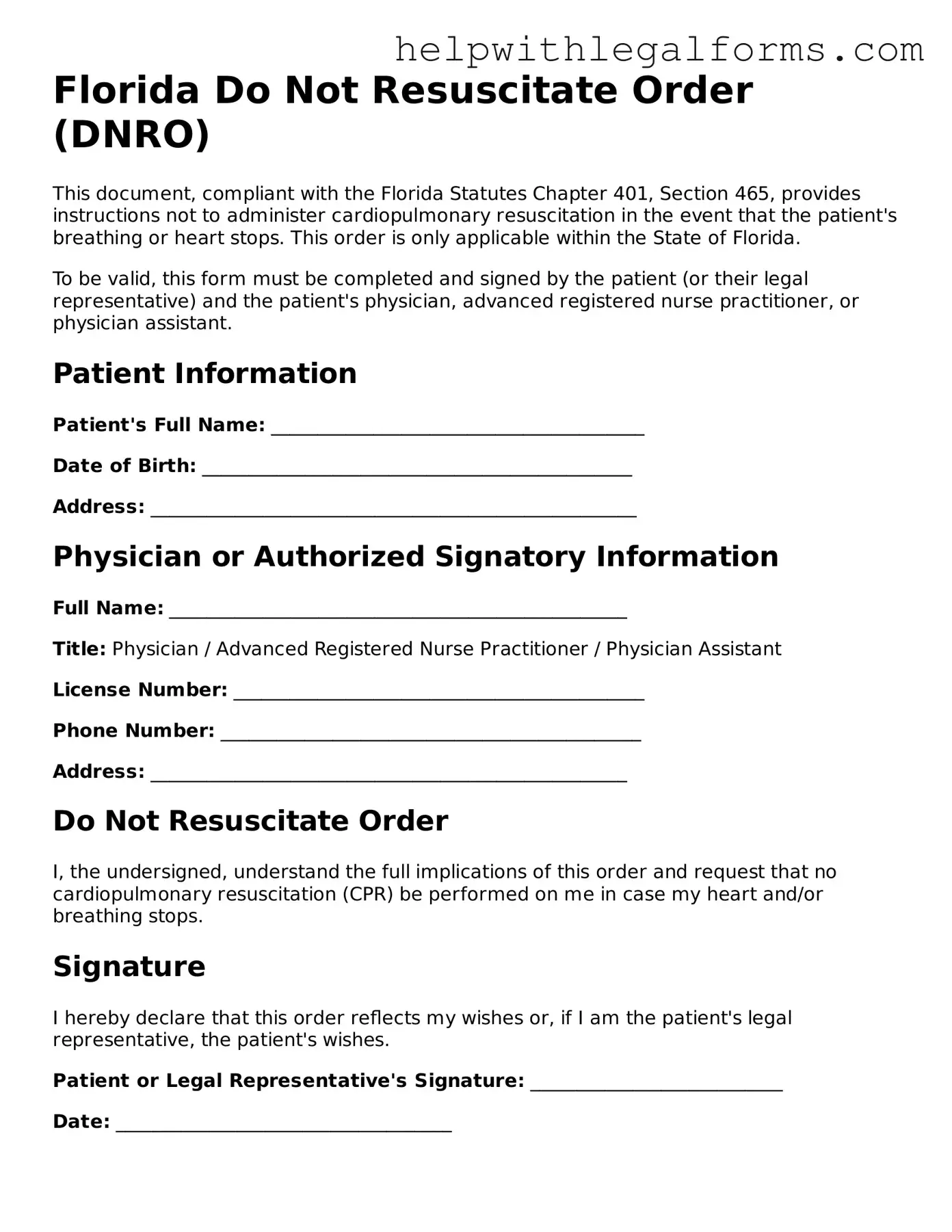 Blank  Do Not Resuscitate Order Form for Florida