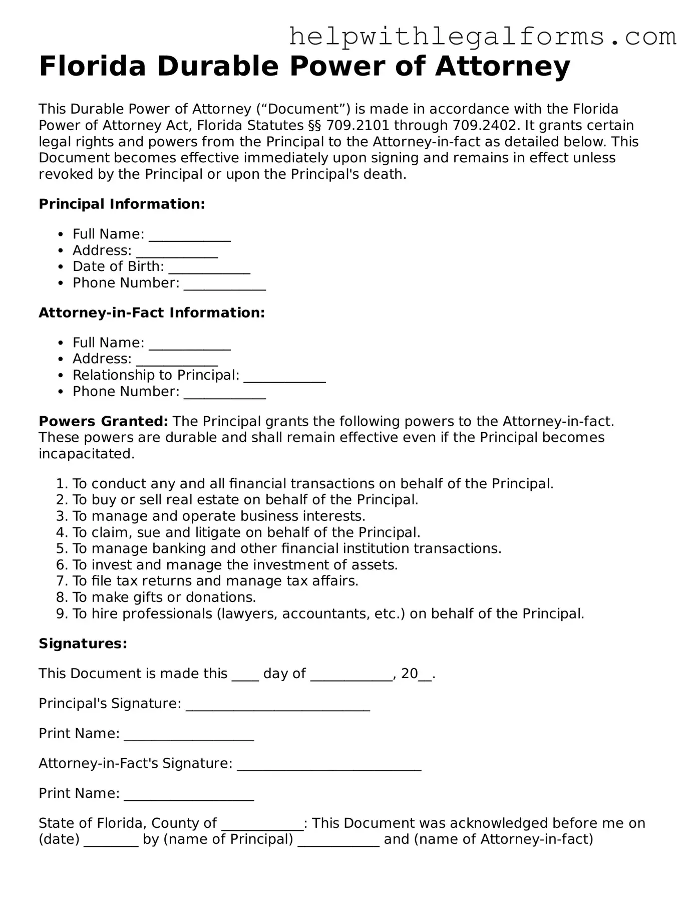 Blank  Durable Power of Attorney Form for Florida