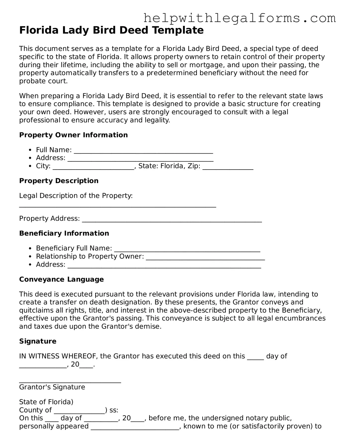 Blank  Lady Bird Deed Form for Florida