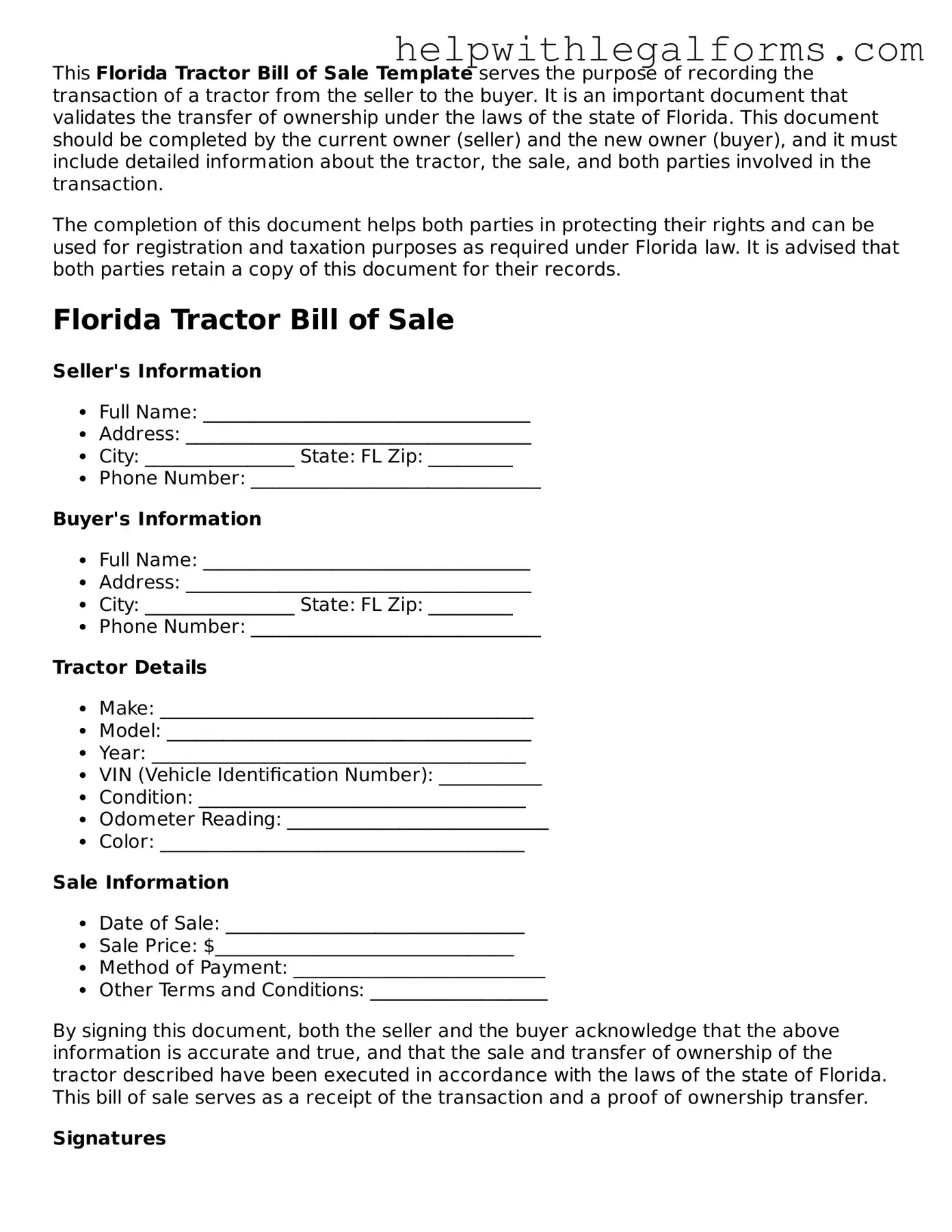 Blank  Tractor Bill of Sale Form for Florida