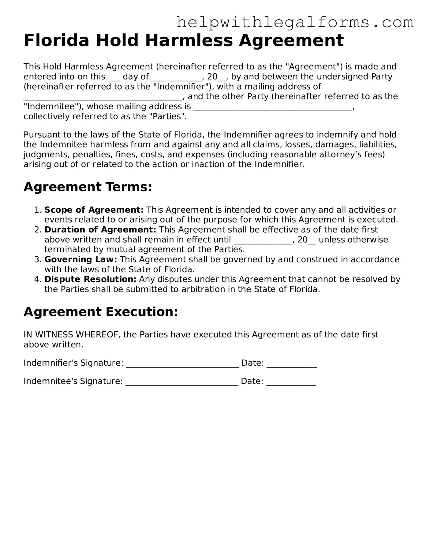 Blank  Hold Harmless Agreement Form for Florida