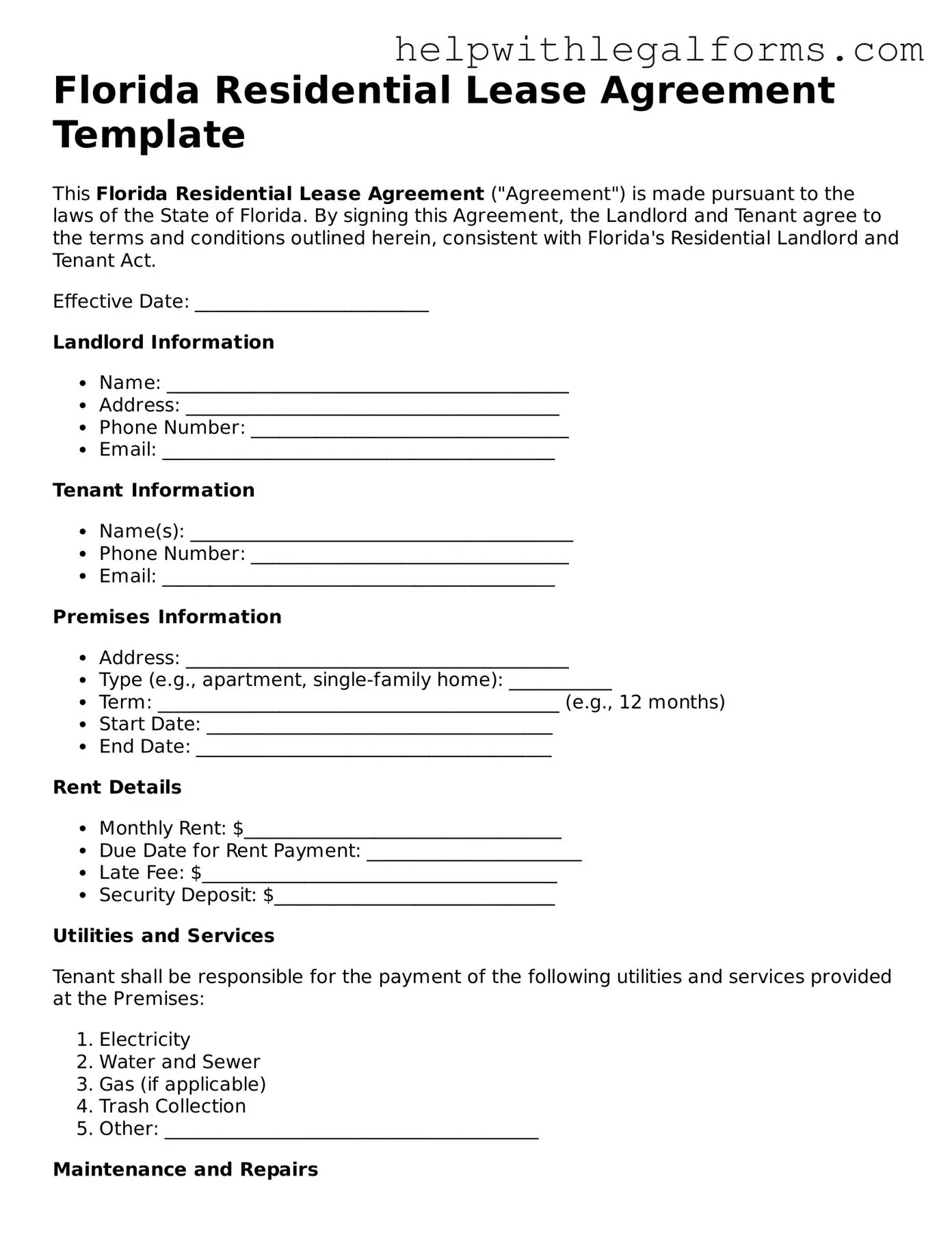 Blank  Residential Lease Agreement Form for Florida