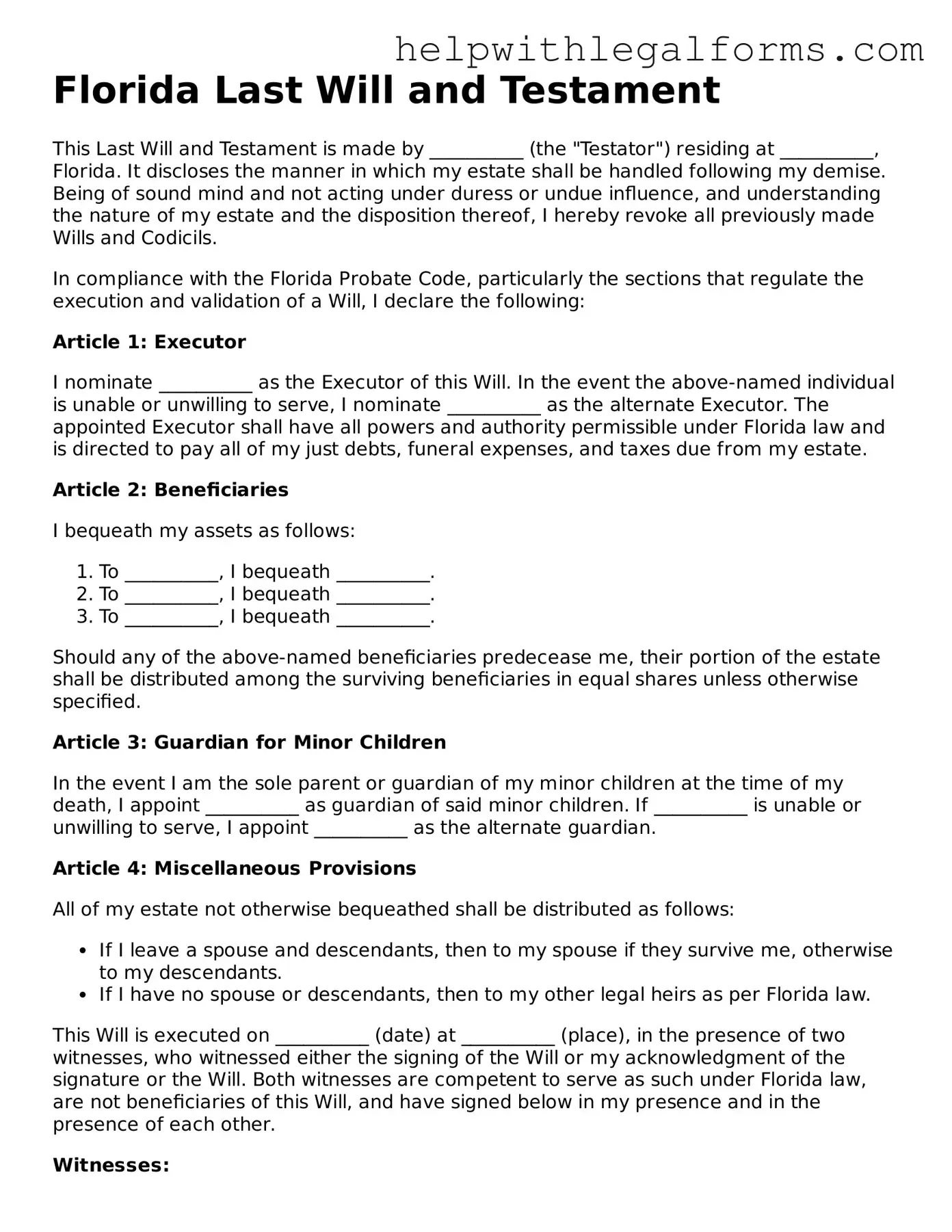 Blank  Last Will and Testament Form for Florida
