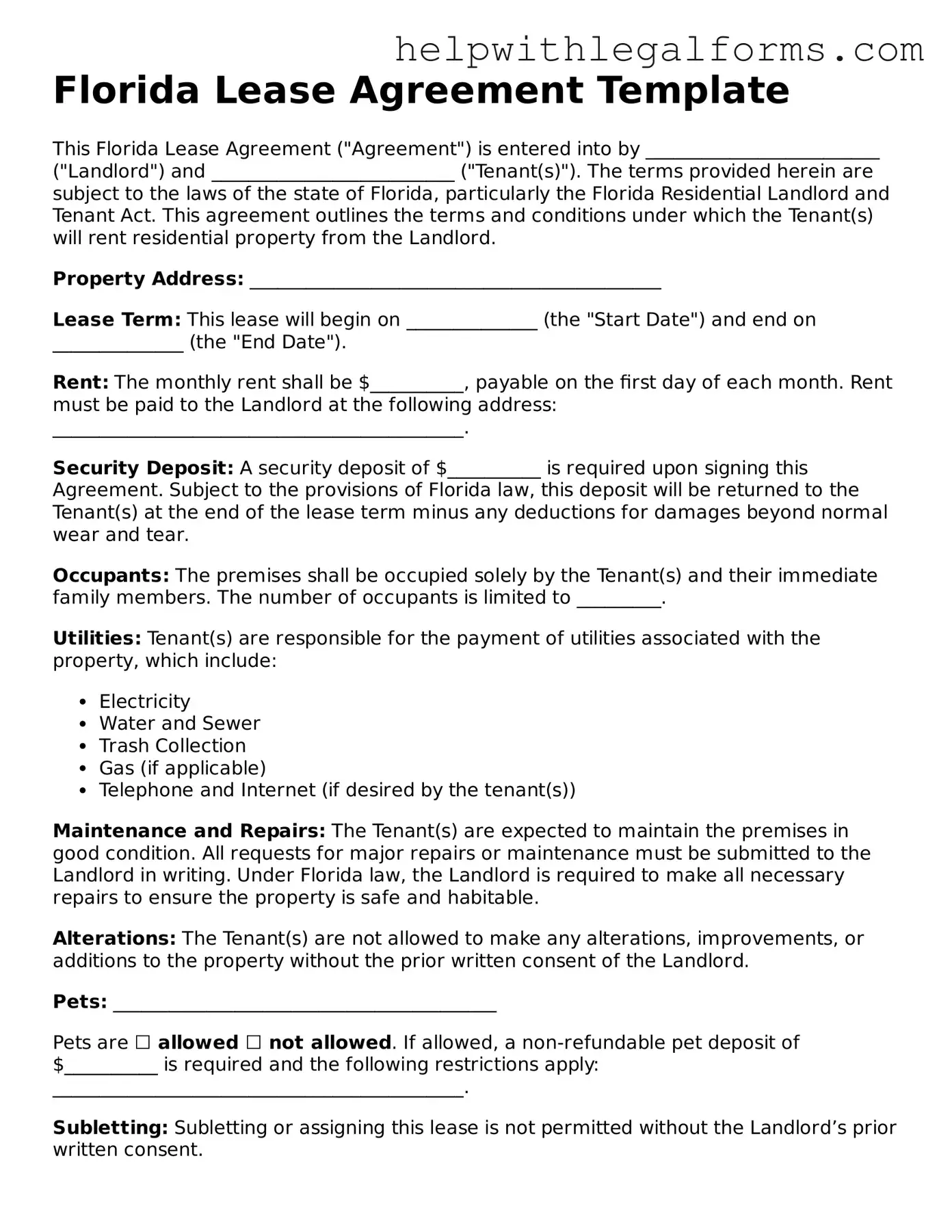 Blank  Lease Agreement Form for Florida